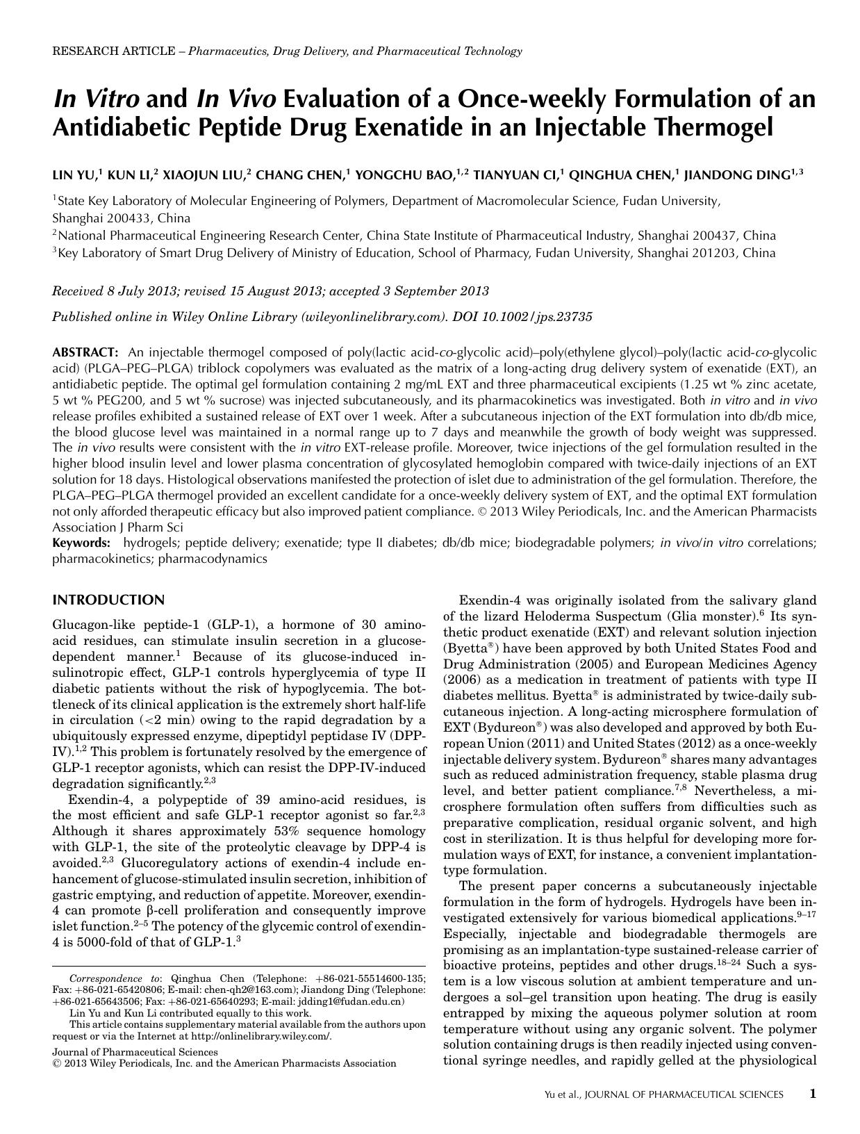 In Vitro and In Vivo Evaluation of a Onceweekly Formulation of an Antidiabetic Peptide Drug Exenatide in an Injectable Thermogel by Unknown