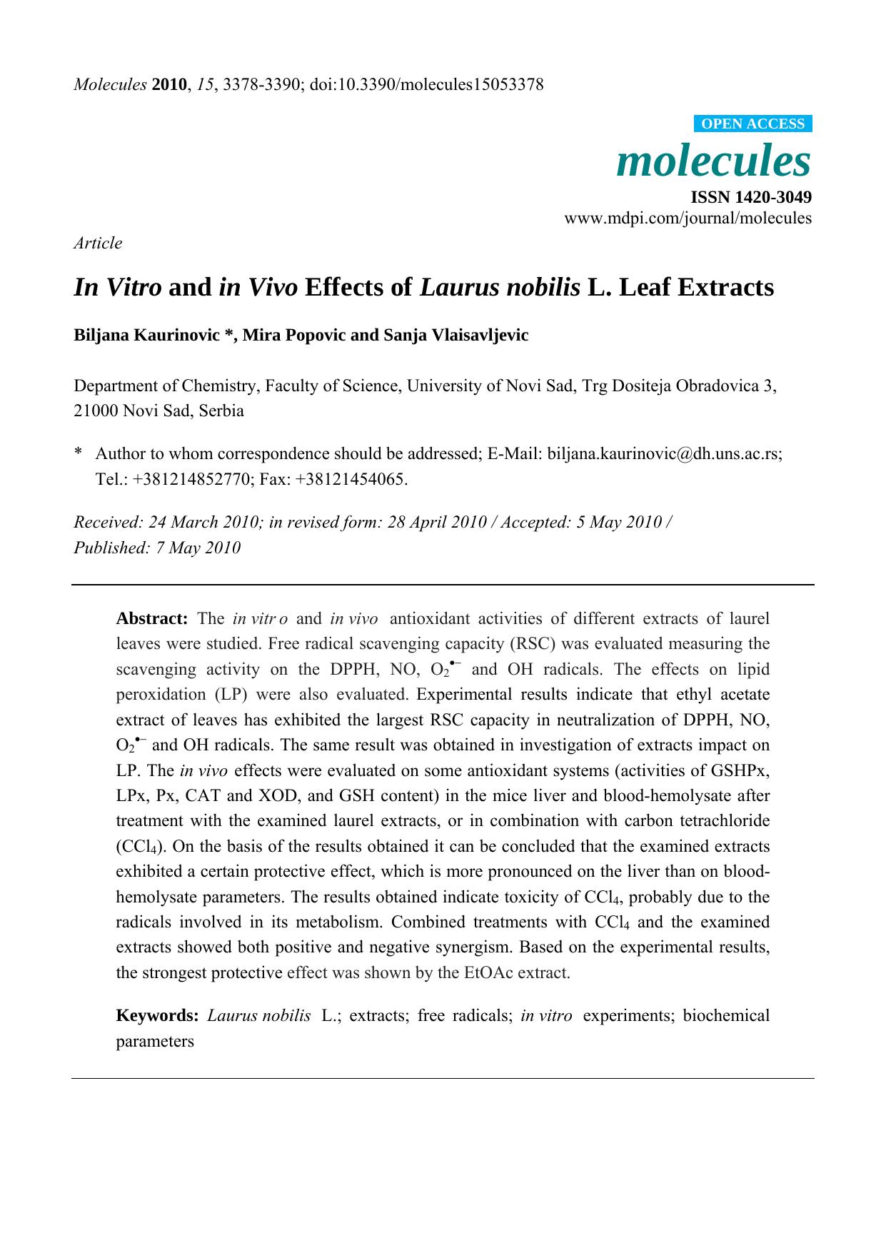 In Vitro and in Vivo Effects of Laurus nobilis L. Leaf Extracts by Biljana Kaurinovic & Mira Popovic & Sanja Vlaisavljevic