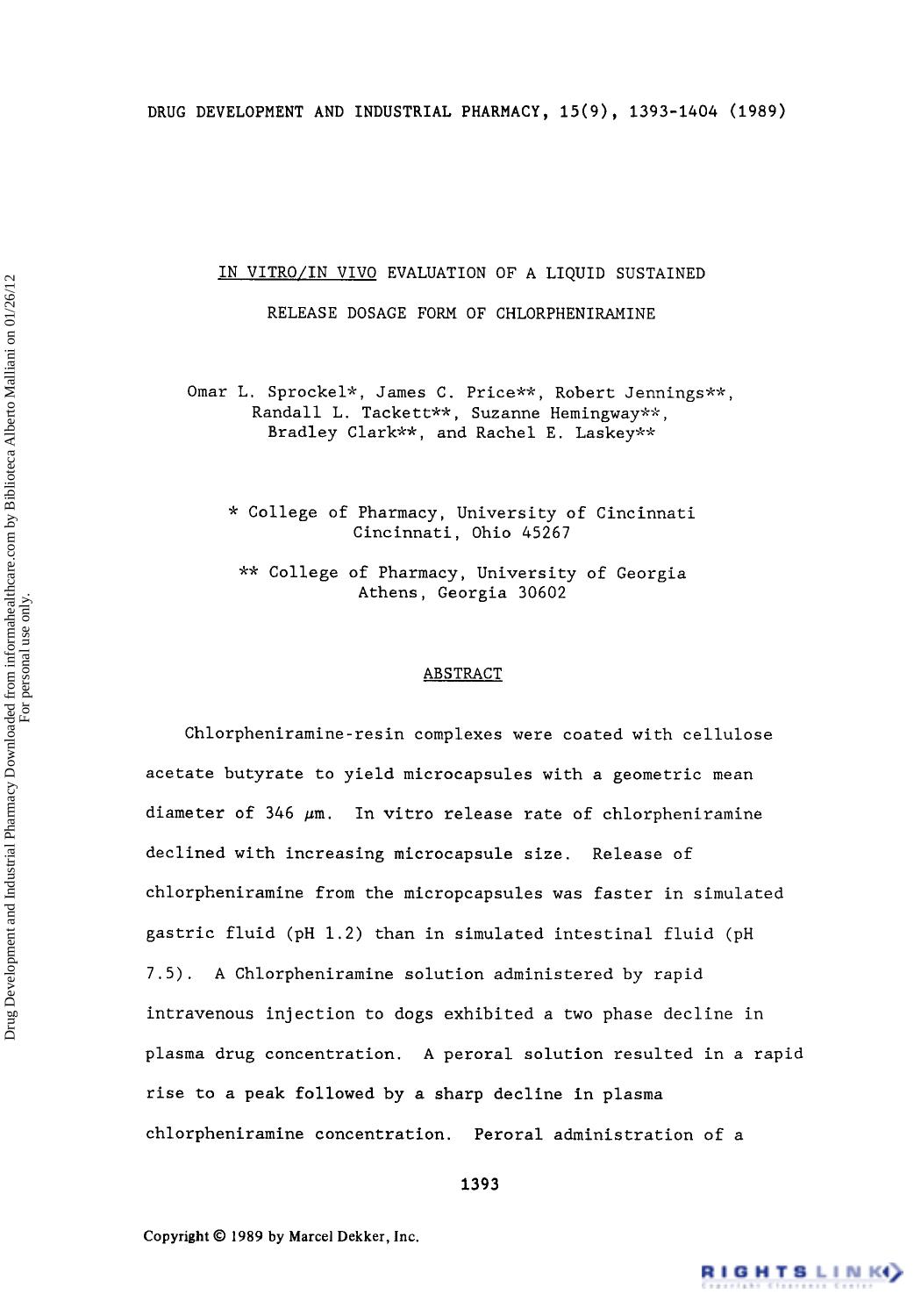 In Vitroin Vivo Evaluation Of A Liquid Sustained Release Dosage Form Of Chlorpheniramine by unknow