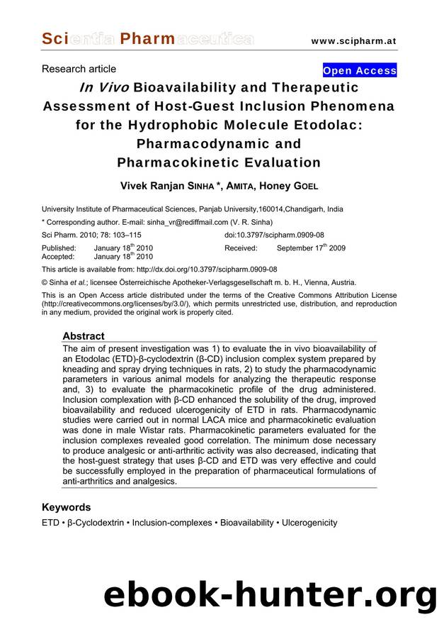 In Vivo Bioavailability and Therapeutic Assessment of Host-Guest Inclusion Phenomena for the Hydrophobic Molecule Etodolac: Pharmacodynamic and Pharmacokinetic Evaluation by Vivek Ranjan SINHA & AMITA & Honey GOEL