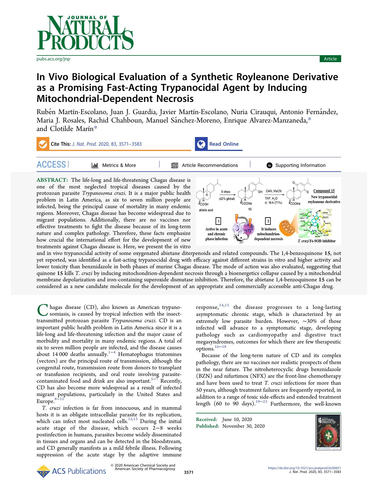 In Vivo Biological Evaluation of a Synthetic Royleanone Derivative as a Promising Fast-Acting Trypanocidal Agent by Inducing Mitochondrial-Dependent Necrosis by unknow