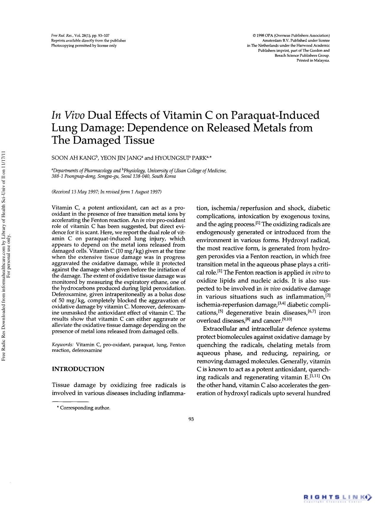 In Vivo Dual Effects of Vitamin C on Paraquat-Induced Lung Damage: Dependence on Released Metals from the Damaged Tissue by Soon Ahkang2 Yeon Jin Jang1 & Hyoungsuf' Park1†