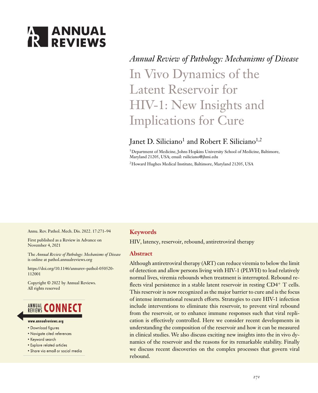 In Vivo Dynamics of the Latent Reservoir for HIV-1: New Insights and Implications for Cure by Janet D. Siliciano and Robert F. Siliciano