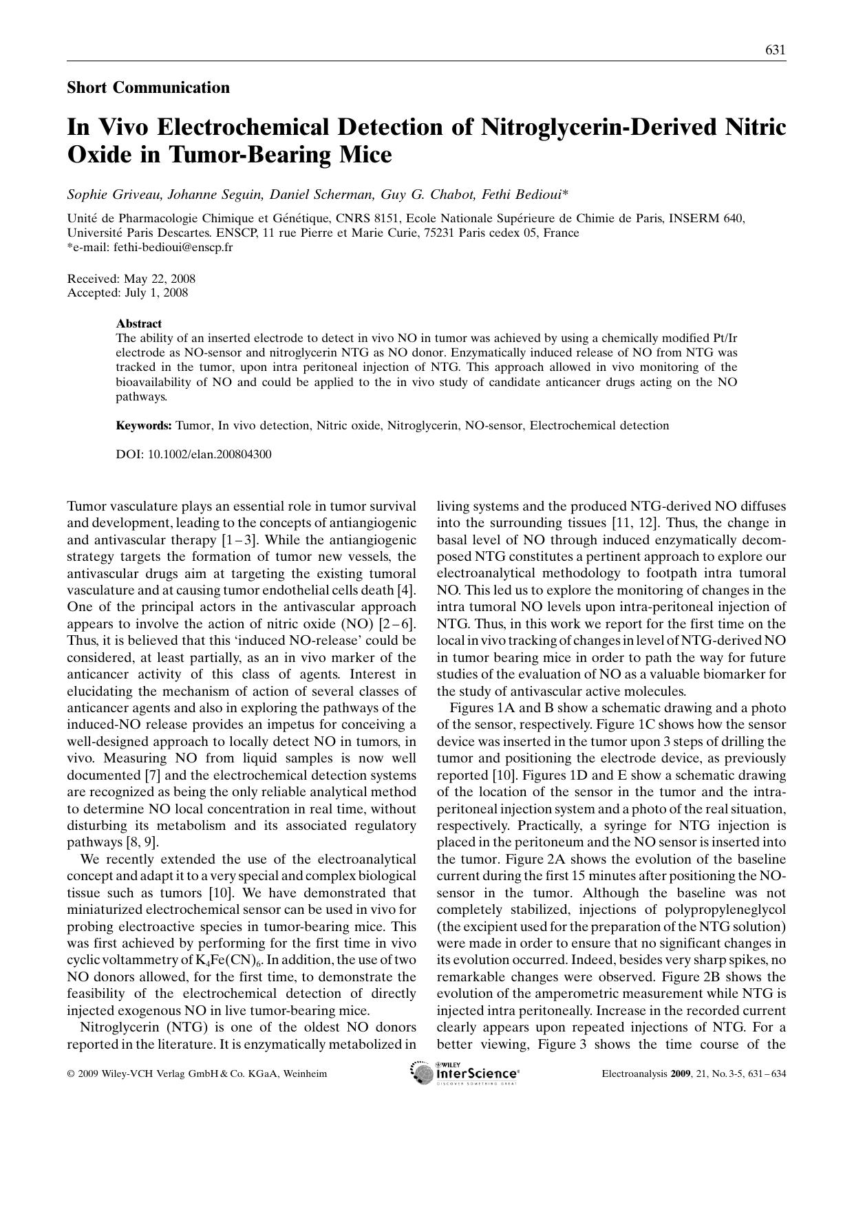 In Vivo Electrochemical Detection of Nitroglycerin-Derived Nitric Oxide in Tumor-Bearing Mice by Unknown