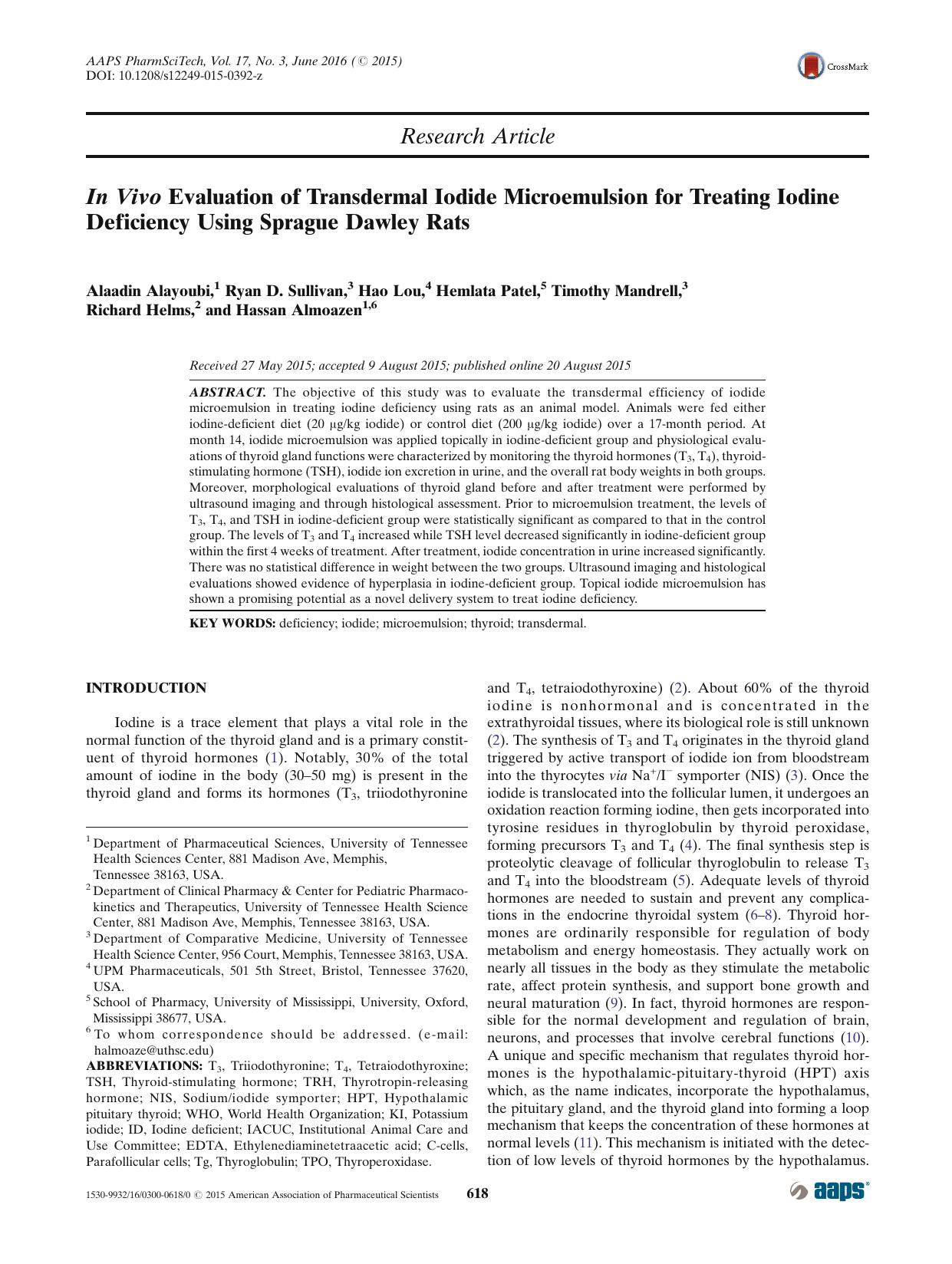 In Vivo Evaluation of Transdermal Iodide Microemulsion for Treating Iodine Deficiency Using Sprague Dawley Rats by unknow