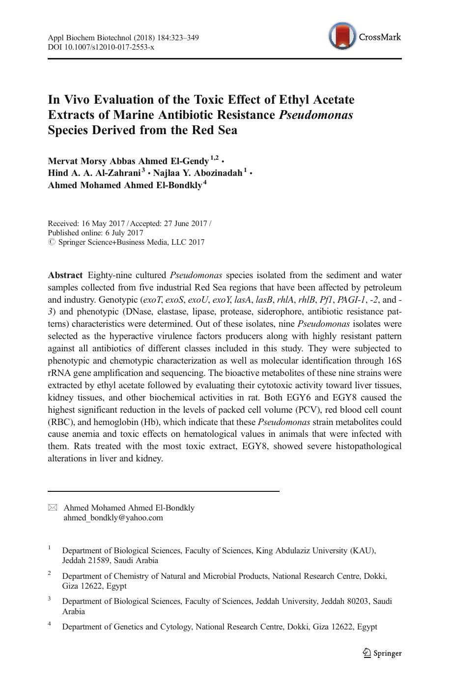 In Vivo Evaluation of the Toxic Effect of Ethyl Acetate Extracts of Marine Antibiotic Resistance Pseudomonas Species Derived from the Red Sea by unknow