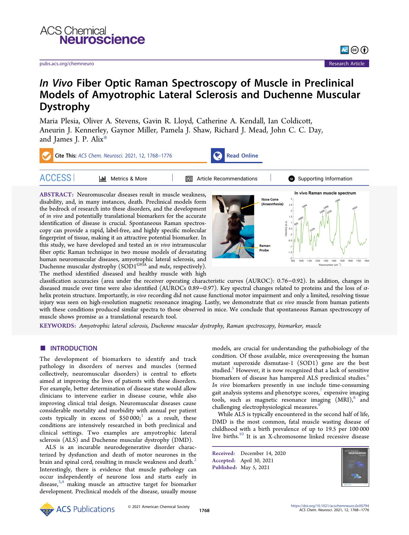 In Vivo Fiber Optic Raman Spectroscopy of Muscle in Preclinical Models of Amyotrophic Lateral Sclerosis and Duchenne Muscular Dystrophy by unknow
