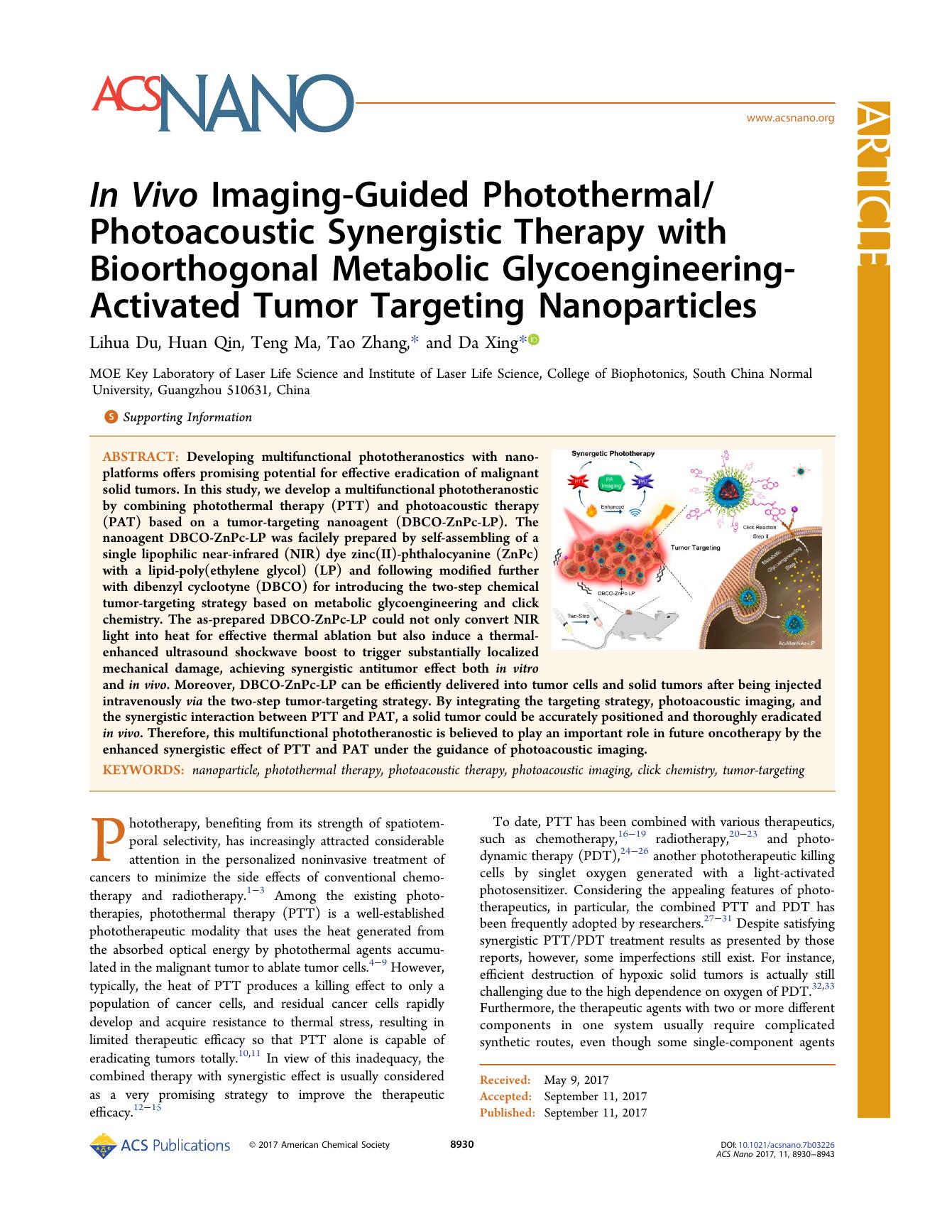 In Vivo Imaging-Guided PhotothermalPhotoacoustic Synergistic Therapy with Bioorthogonal Metabolic Glycoengineering-Activated Tumor Targeting Nanoparticles by Lihua Du Huan Qin Teng Ma Tao Zhang & Da Xing