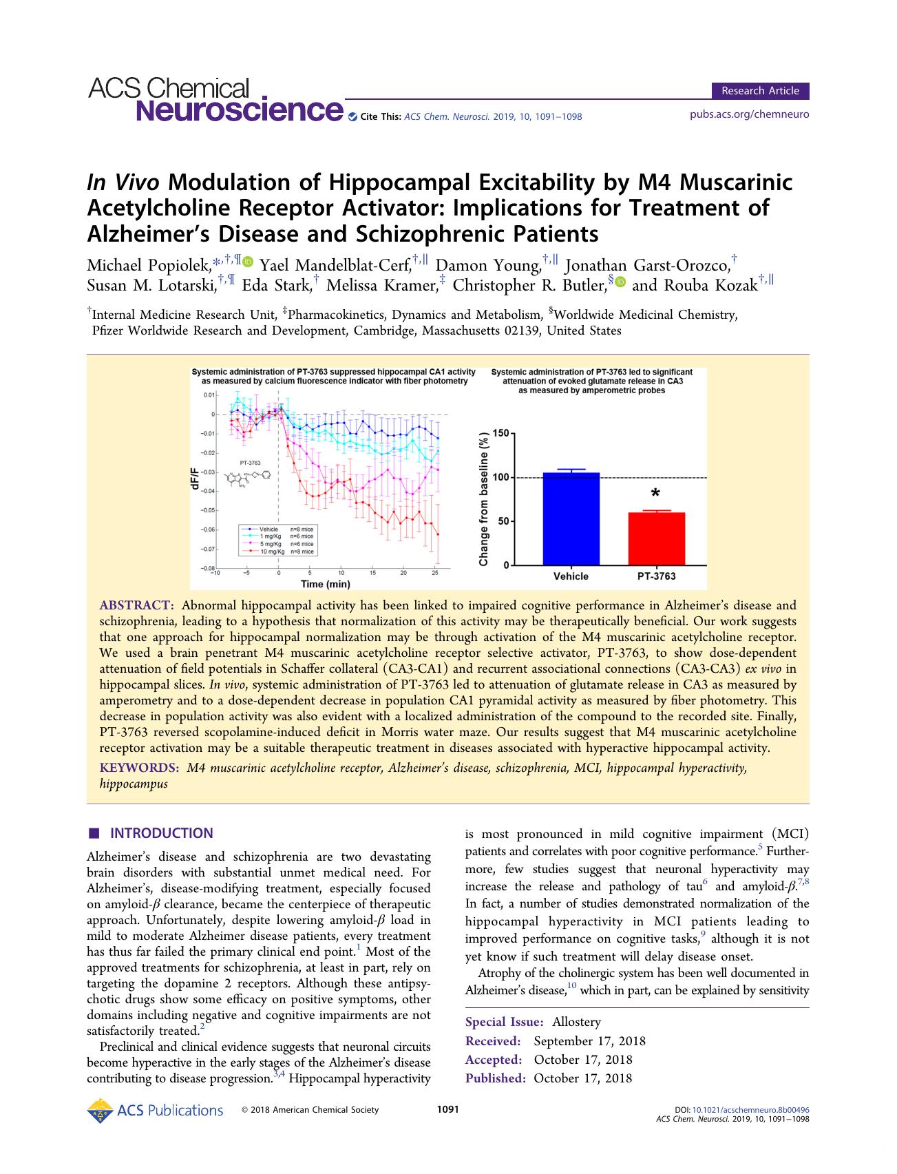 In Vivo Modulation of Hippocampal Excitability by M4 Muscarinic Acetylcholine Receptor Activator: Implications for Treatment of Alzheimerâs Disease and Schizophrenic Patients by unknow