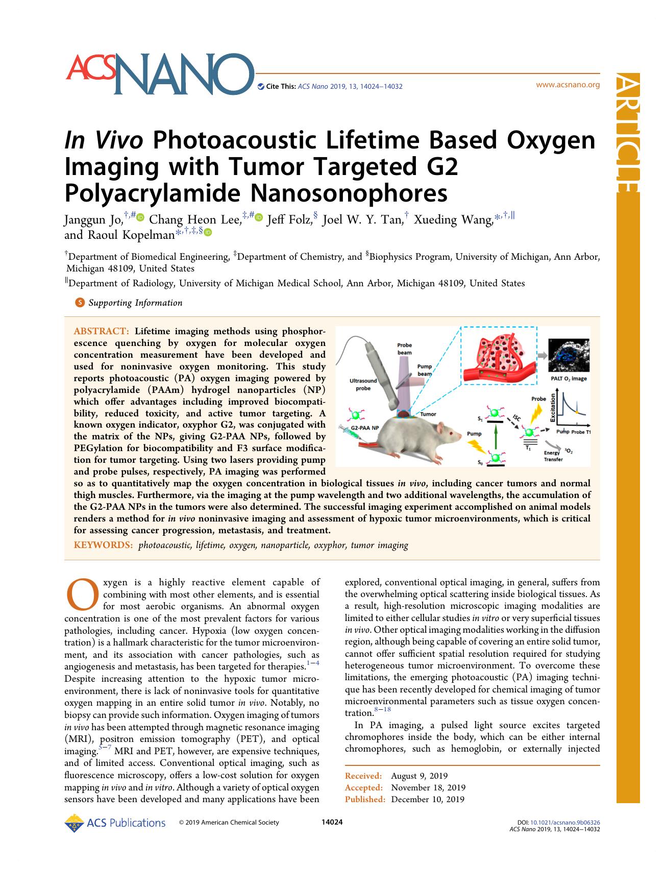 In Vivo Photoacoustic Lifetime Based Oxygen Imaging with Tumor Targeted G2 Polyacrylamide Nanosonophores by Janggun Jo Chang Heon Lee Jeff Folz Joel W. Y. Tan Xueding Wang and Raoul Kopelman