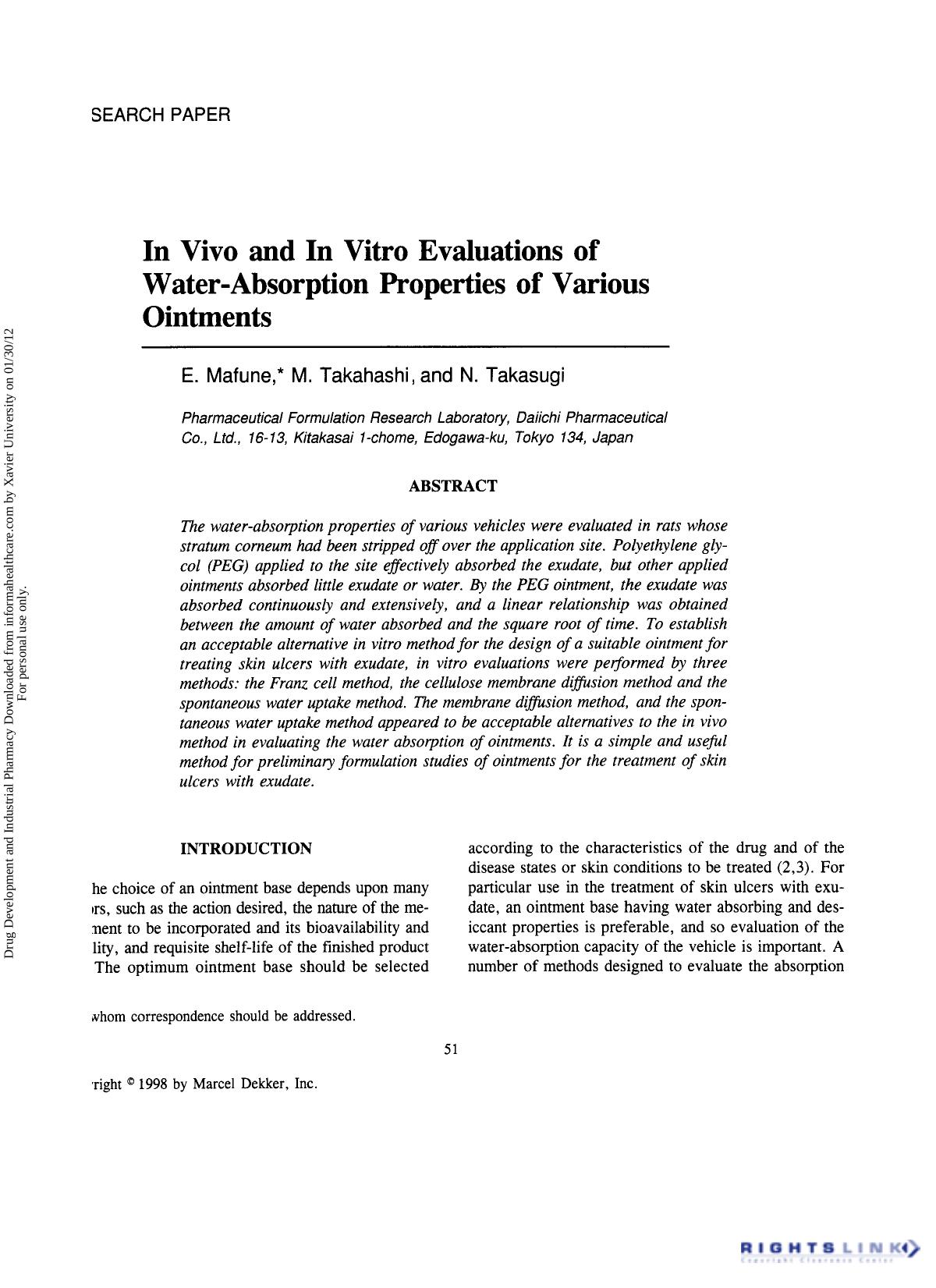 In Vivo and in Vitro Evaluations of Water-Absorption Properties of Various Ointments by E. Mafune M. Takahashi & N. Takasugi