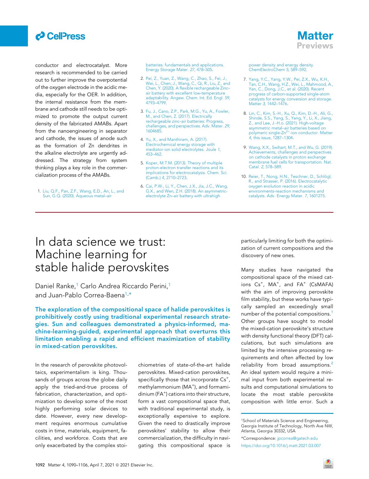In data science we trust: Machine learning for stable halide perovskites by Daniel Ranke & Carlo Andrea Riccardo Perini & Juan-Pablo Correa-Baena