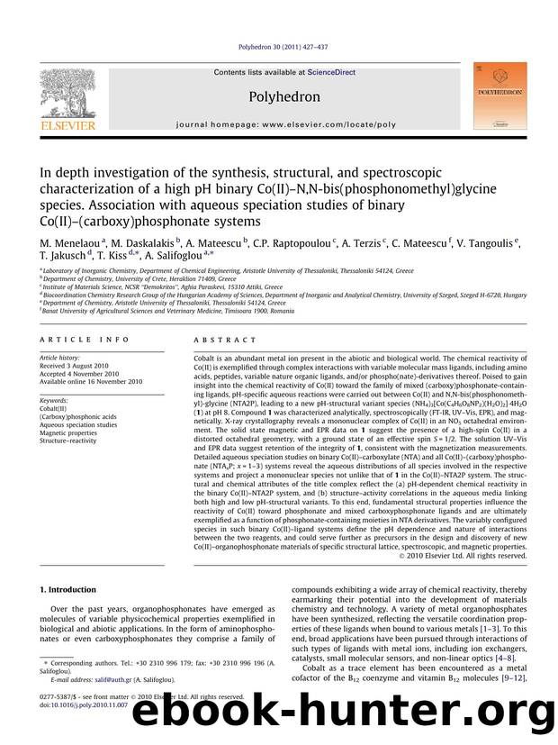 In depth investigation of the synthesis, structural, and spectroscopic characterization of a high pH binary Co(II)Ã¢â¬âN,N-bis(phosphonomethyl)glycine species. Association with  by unknow