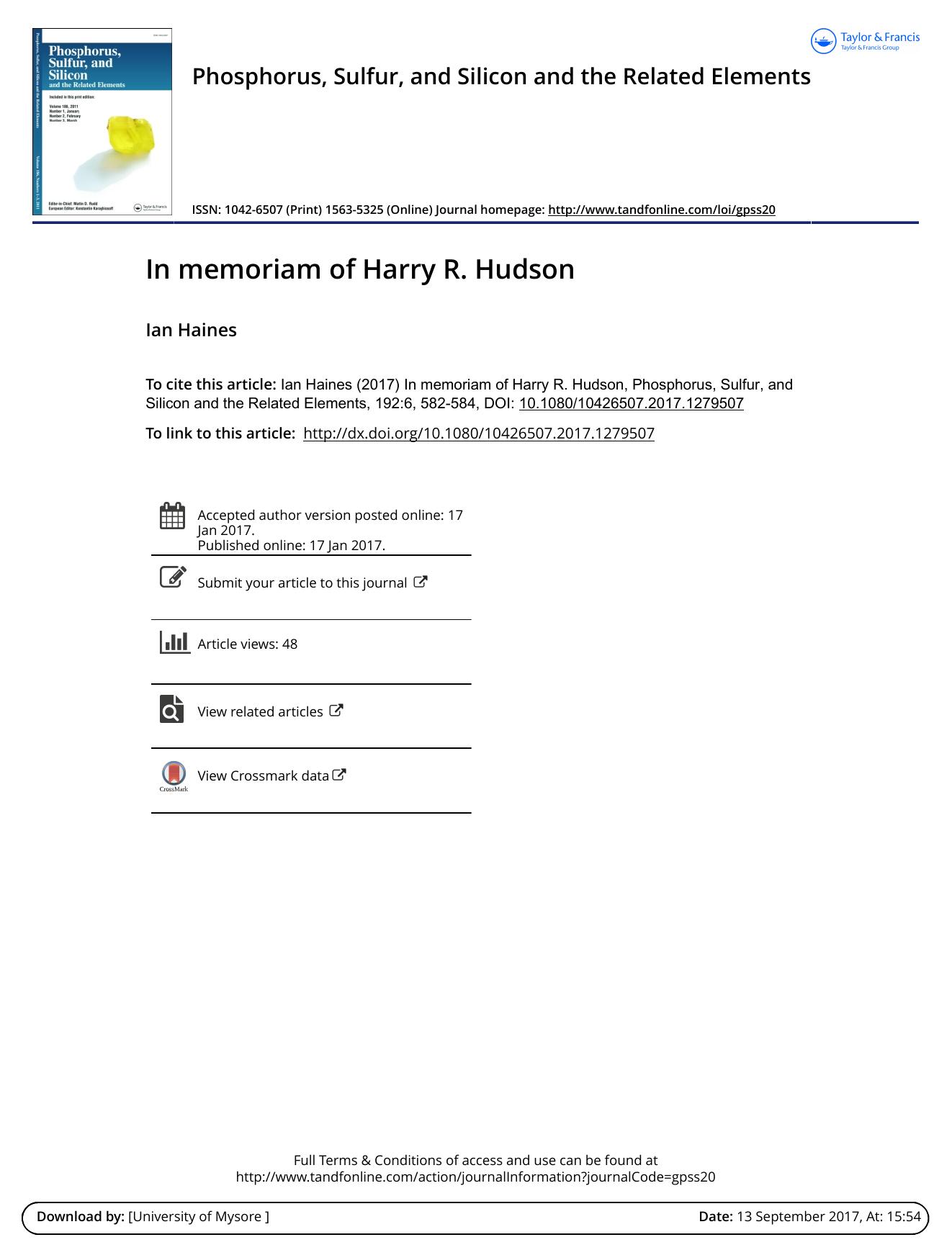 In memoriam of Harry R. Hudson by Ian Haines