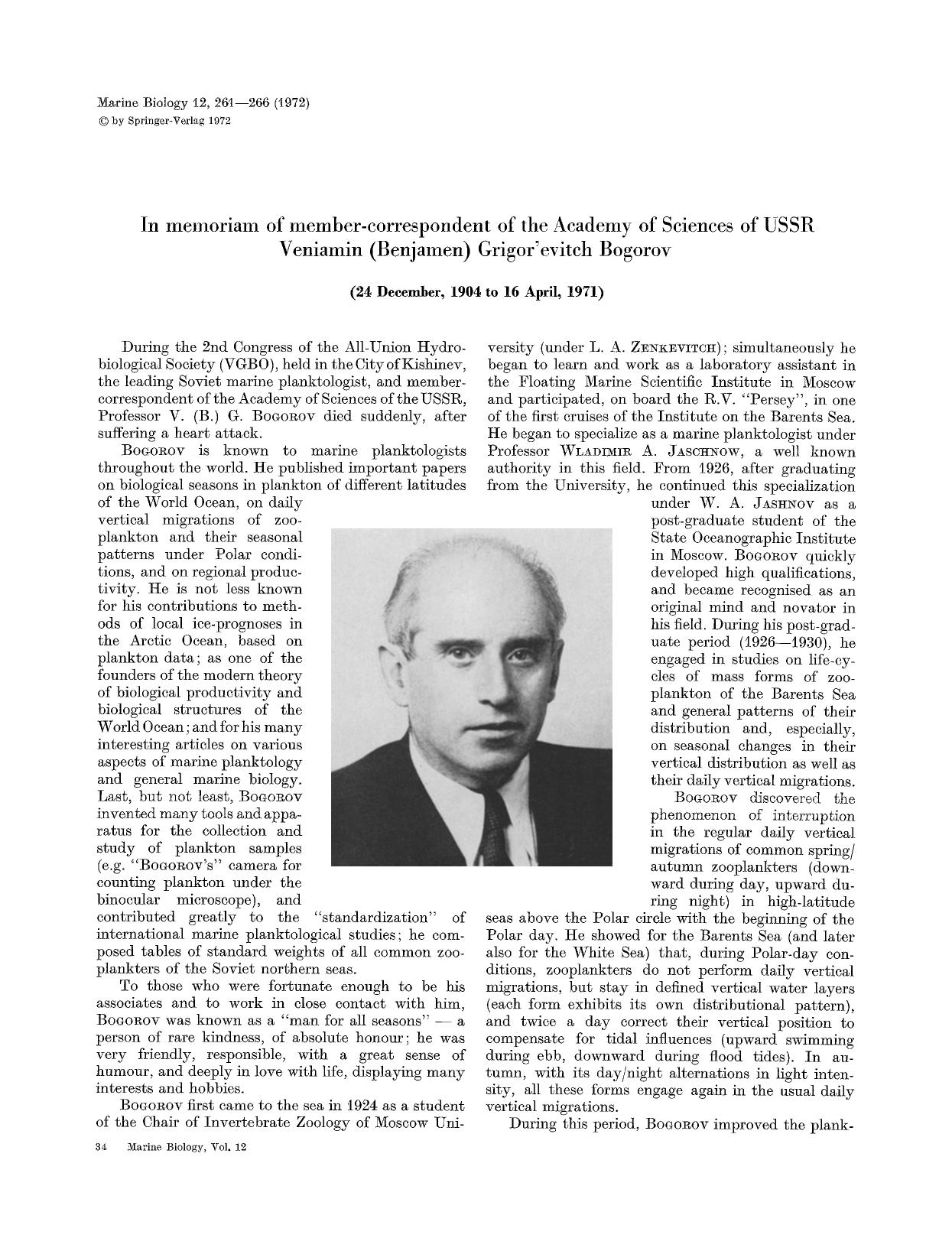 In memoriam of member-correspondent of the academy of sciences of USSR Veniamin (Benjamen) Grigor'evitch Bogorov by Unknown