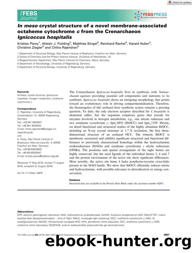 In meso crystal structure of a novel membraneâassociated octaheme cytochrome c from the Crenarchaeon Ignicoccus hospitalis by Unknown