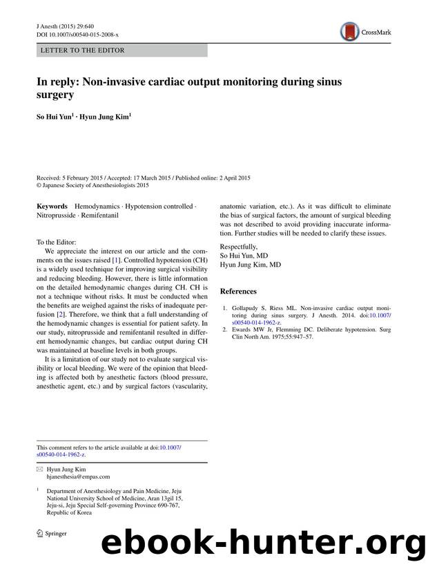 In reply: Non-invasive cardiac output monitoring during sinus surgery by So Yun & Hyun Kim