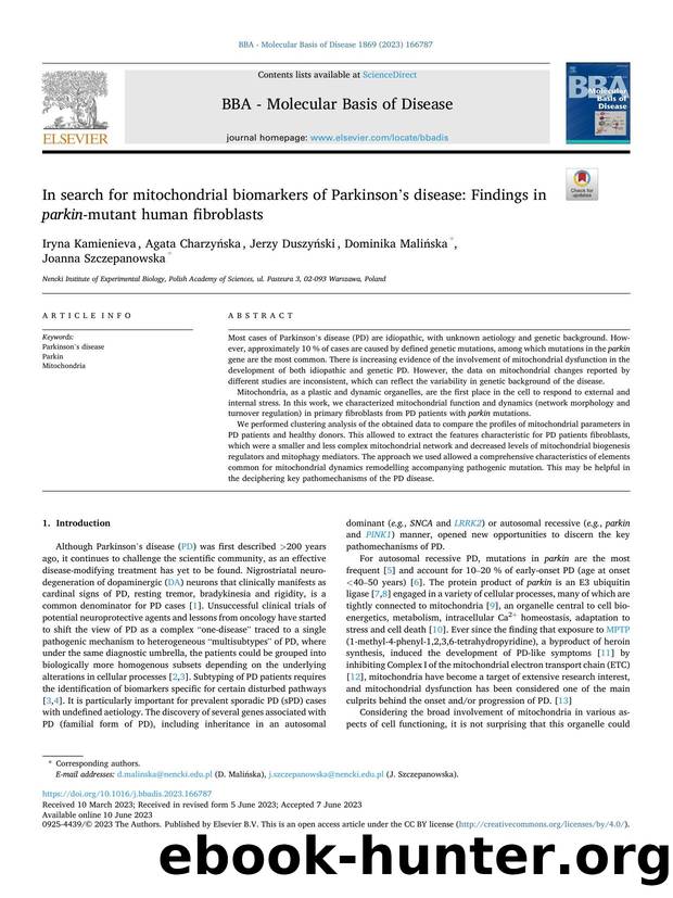 In search for mitochondrial biomarkers of Parkinson's disease: Findings in parkin -mutant human fibroblasts by Iryna Kamienieva & Agata Charzyńska & Jerzy Duszyński & Dominika Malińska & Joanna Szczepanowska