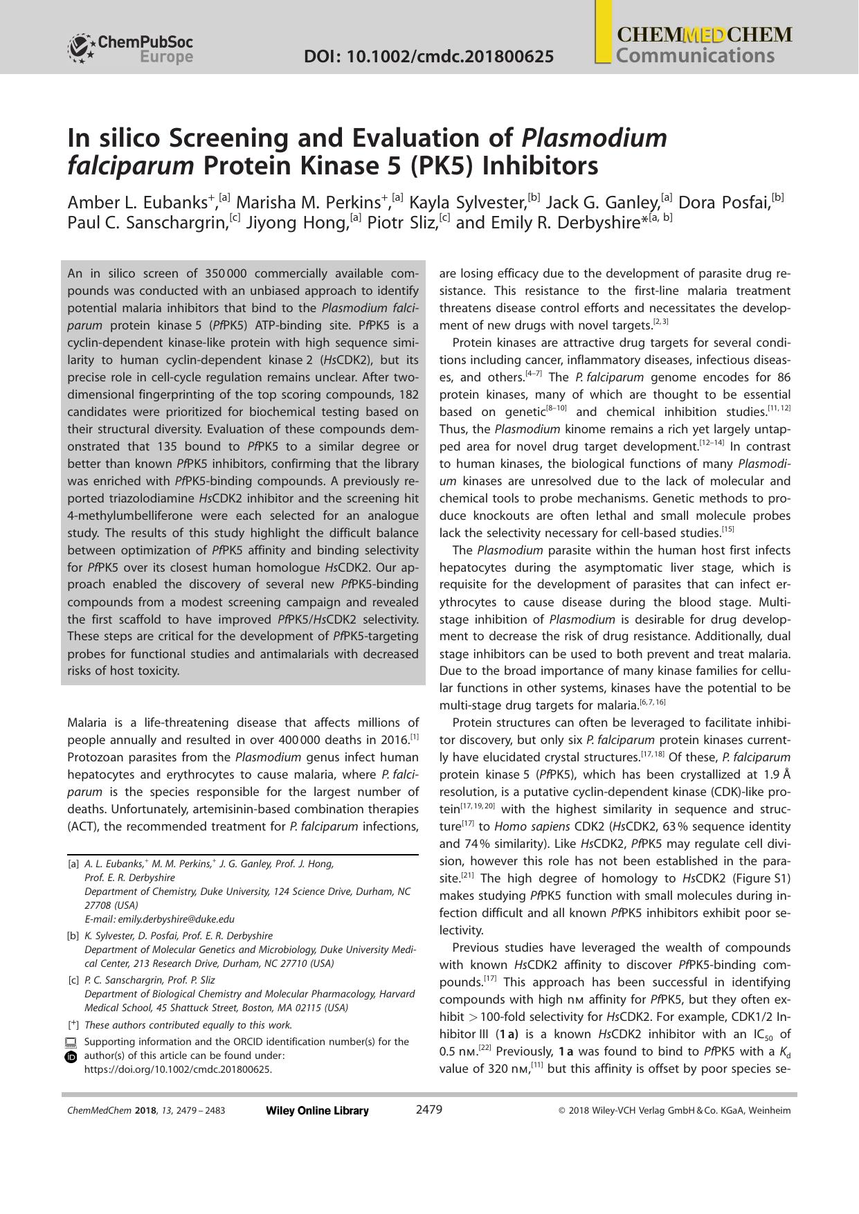 In silico Screening and Evaluation of Plasmodium falciparum Protein Kinaseâ5 (PK5) Inhibitors by Unknown