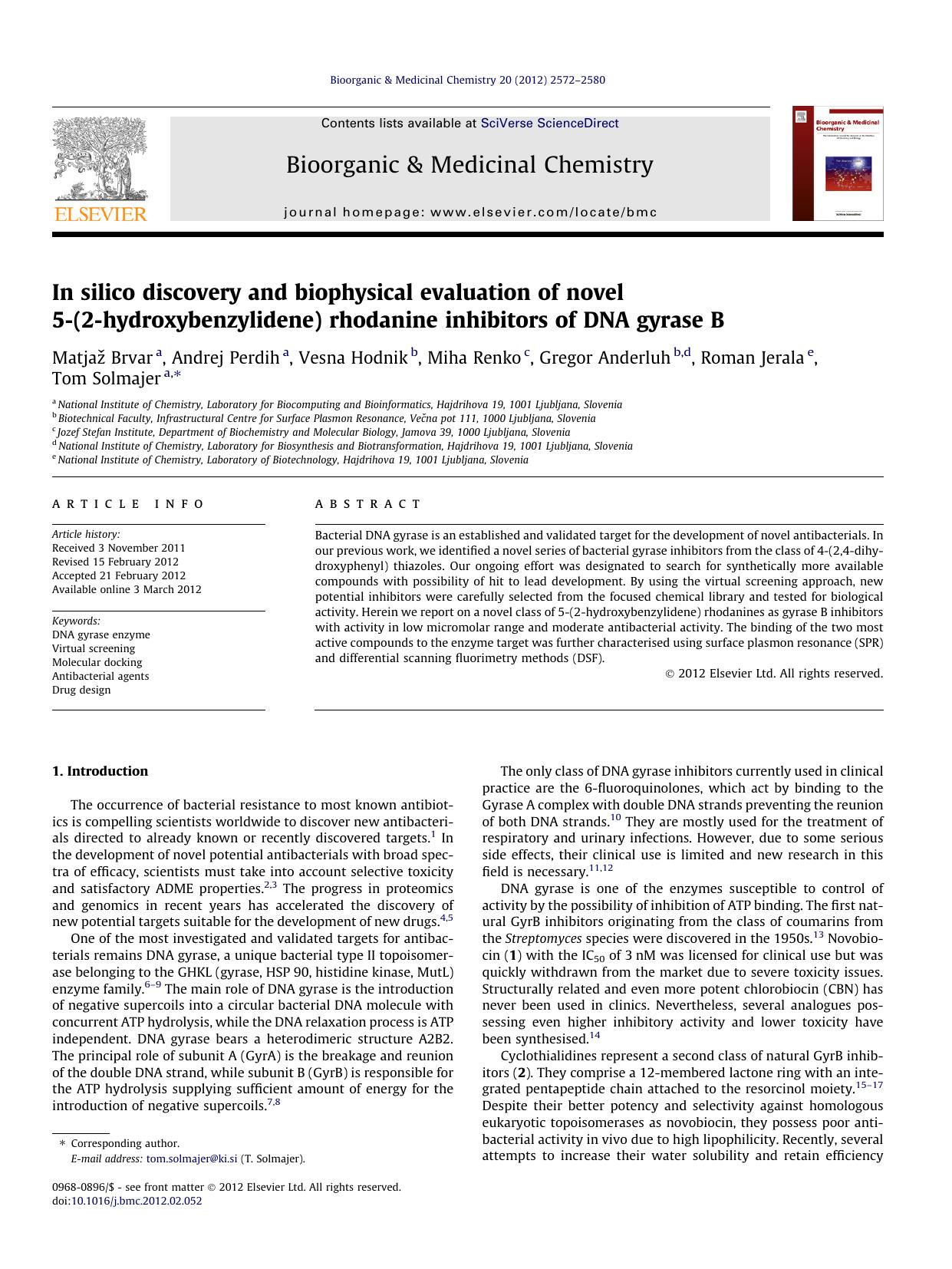 In silico discovery and biophysical evaluation of novel 5-(2-hydroxybenzylidene) rhodanine inhibitors of DNA gyrase B by unknow