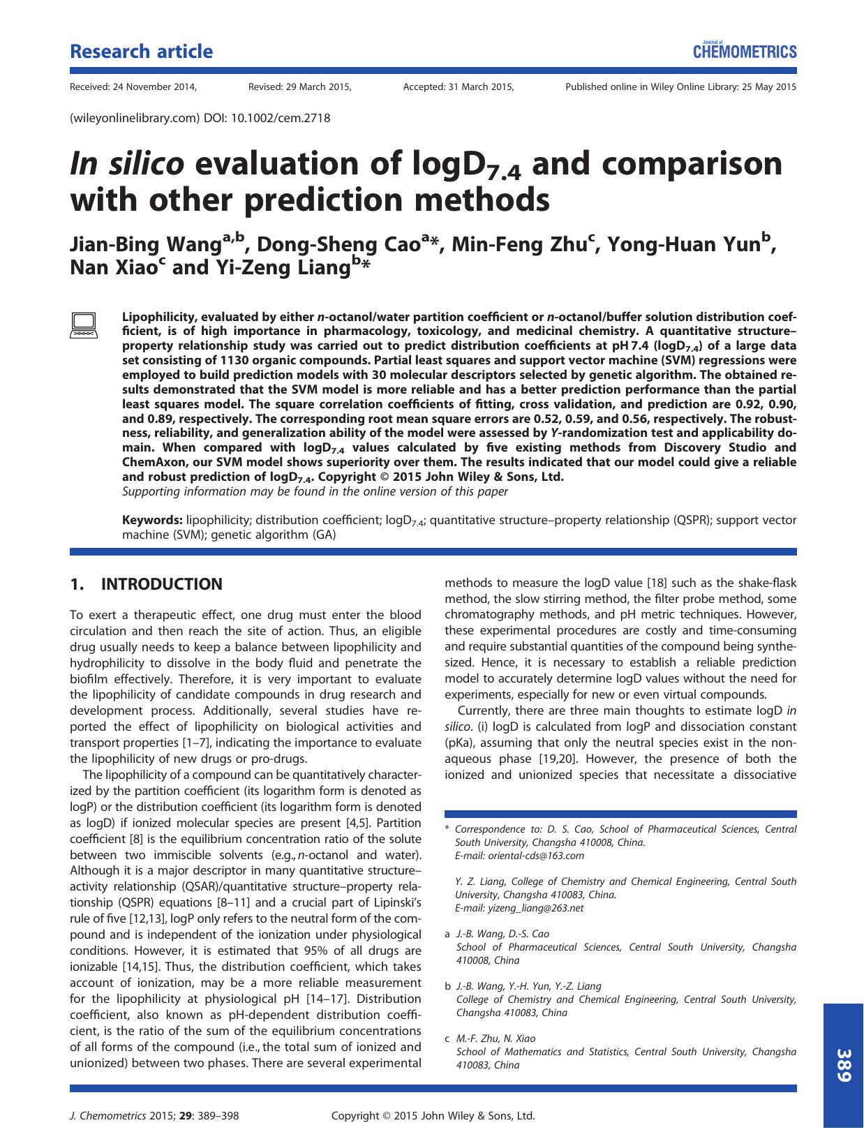 In silico evaluation of logD7.4 and comparison with other prediction methods by Jian-Bing Wang Dong-Sheng Cao Min-Feng Zhu Yong-Huan Yun Nan Xiao Yi-Zeng Liang
