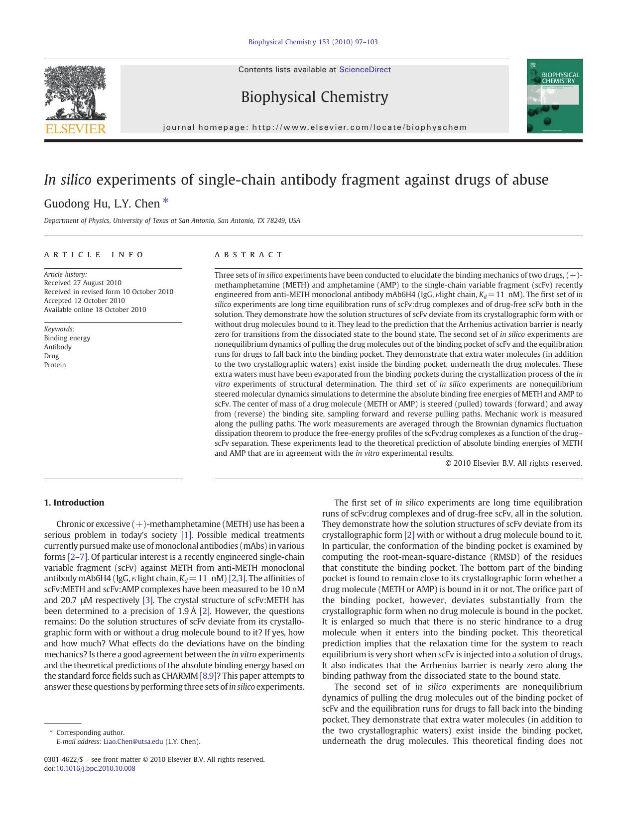 In silico experiments of single-chain antibody fragment against drugs of abuse by Guodong Hu & L.Y. Chen