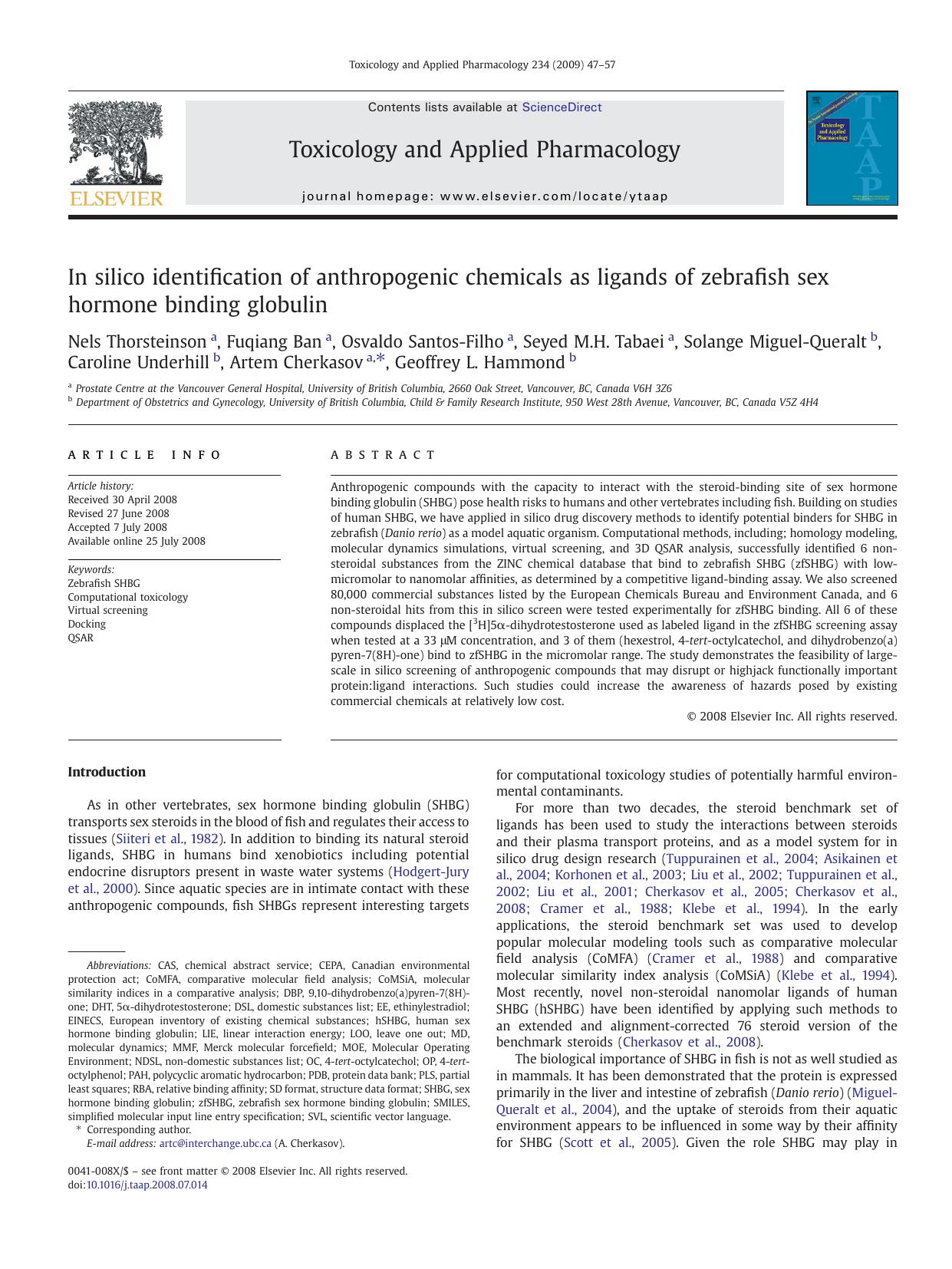 In silico identification of anthropogenic chemicals as ligands of zebrafish sex hormone binding globulin by unknow
