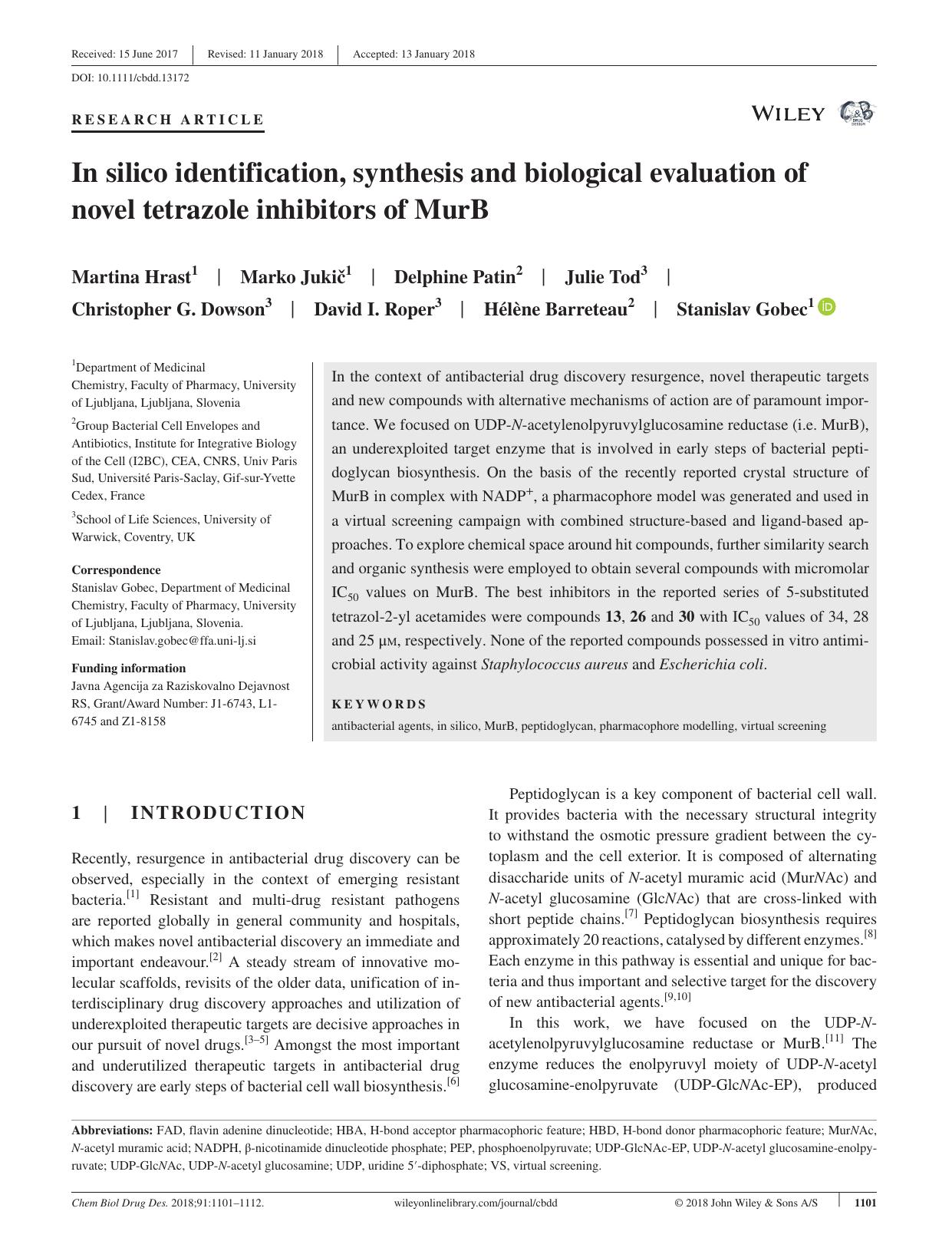 In silico identification, synthesis and biological evaluation of novel tetrazole inhibitors of MurB by unknow