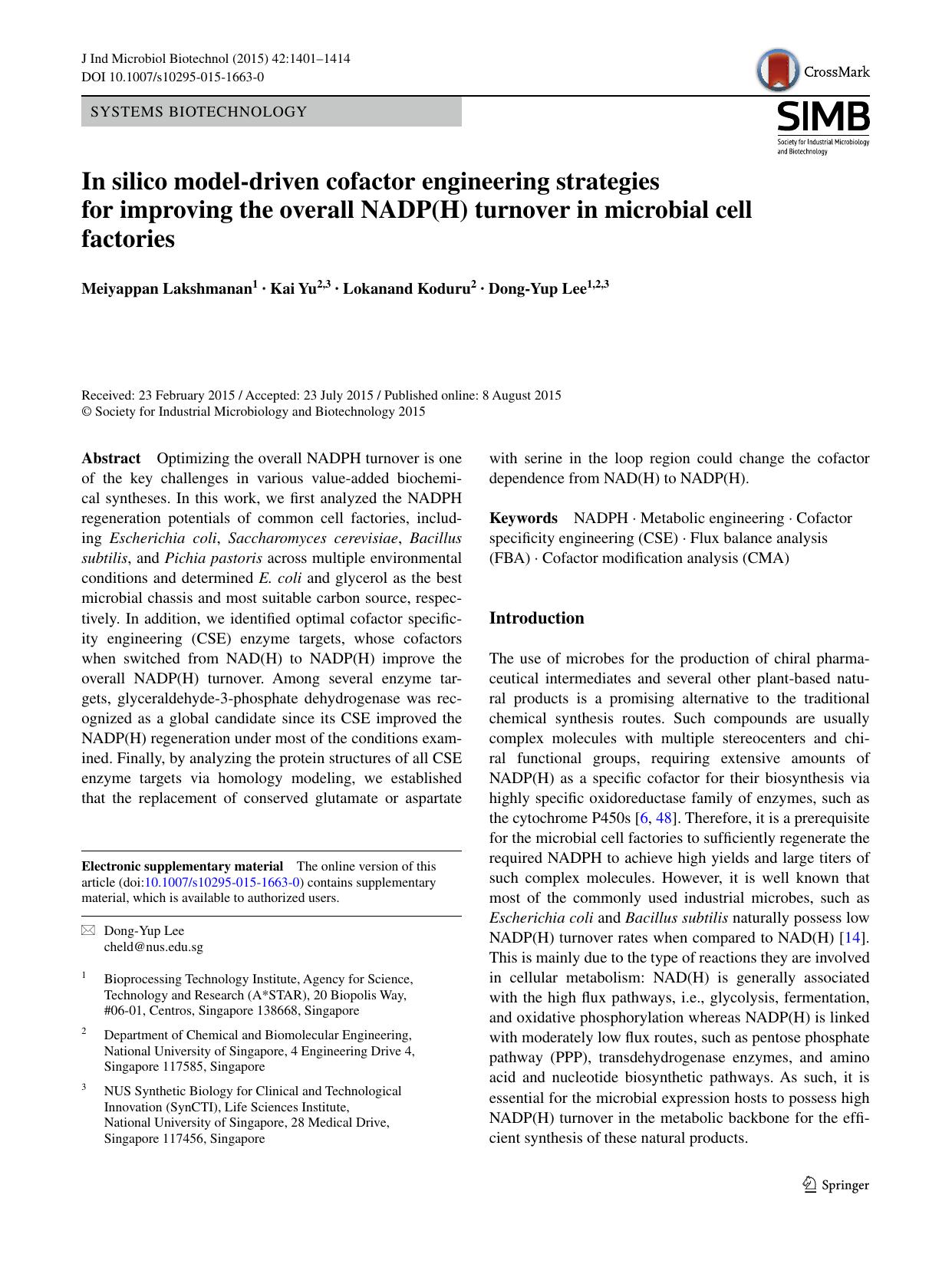 In silico model-driven cofactor engineering strategies for improving the overall NADP(H) turnover in microbial cell factories by Meiyappan Lakshmanan & Kai Yu & Lokanand Koduru & Dong-Yup Lee