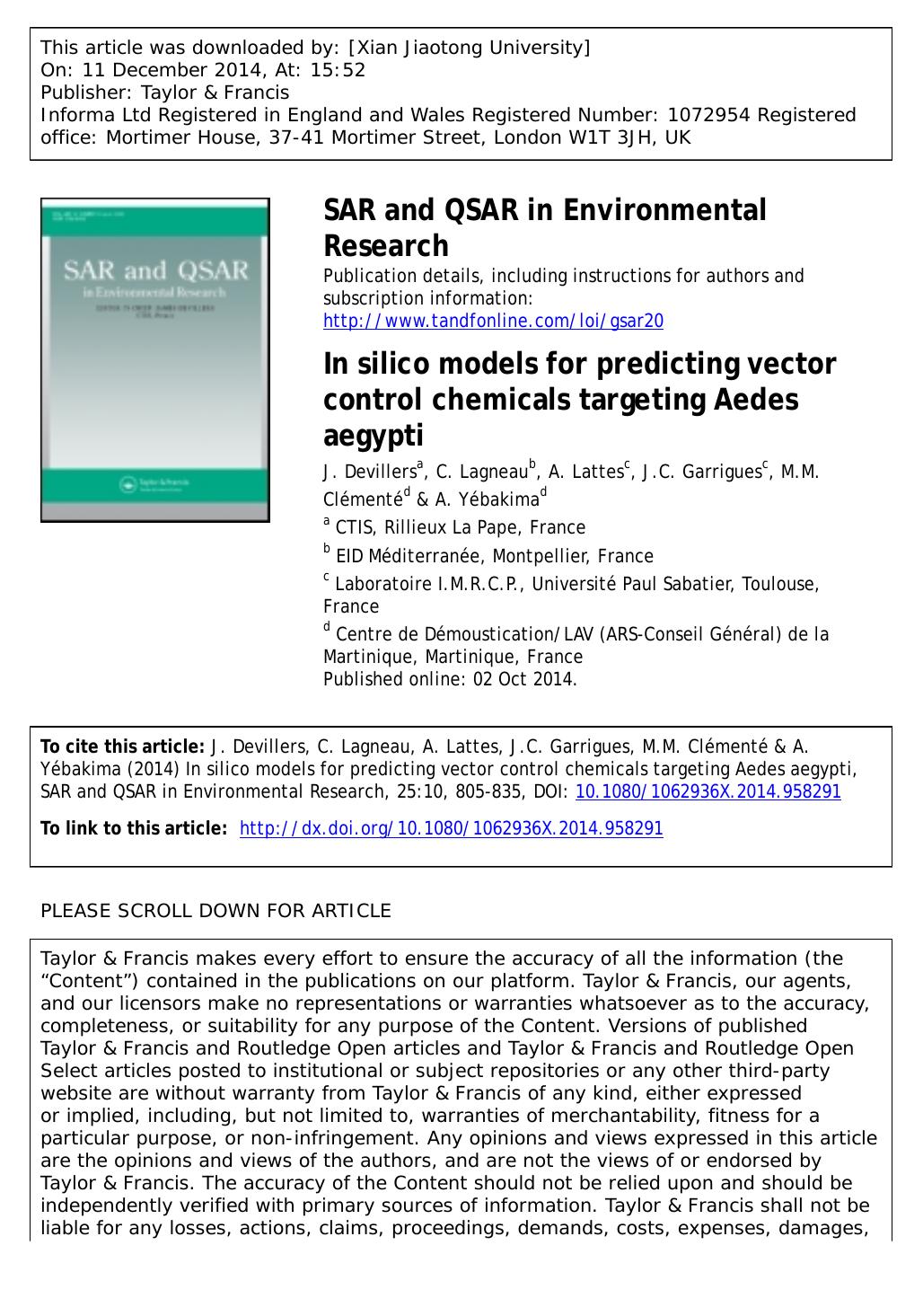 In silico models for predicting vector control chemicals targeting Aedes aegypti by J. Devillers