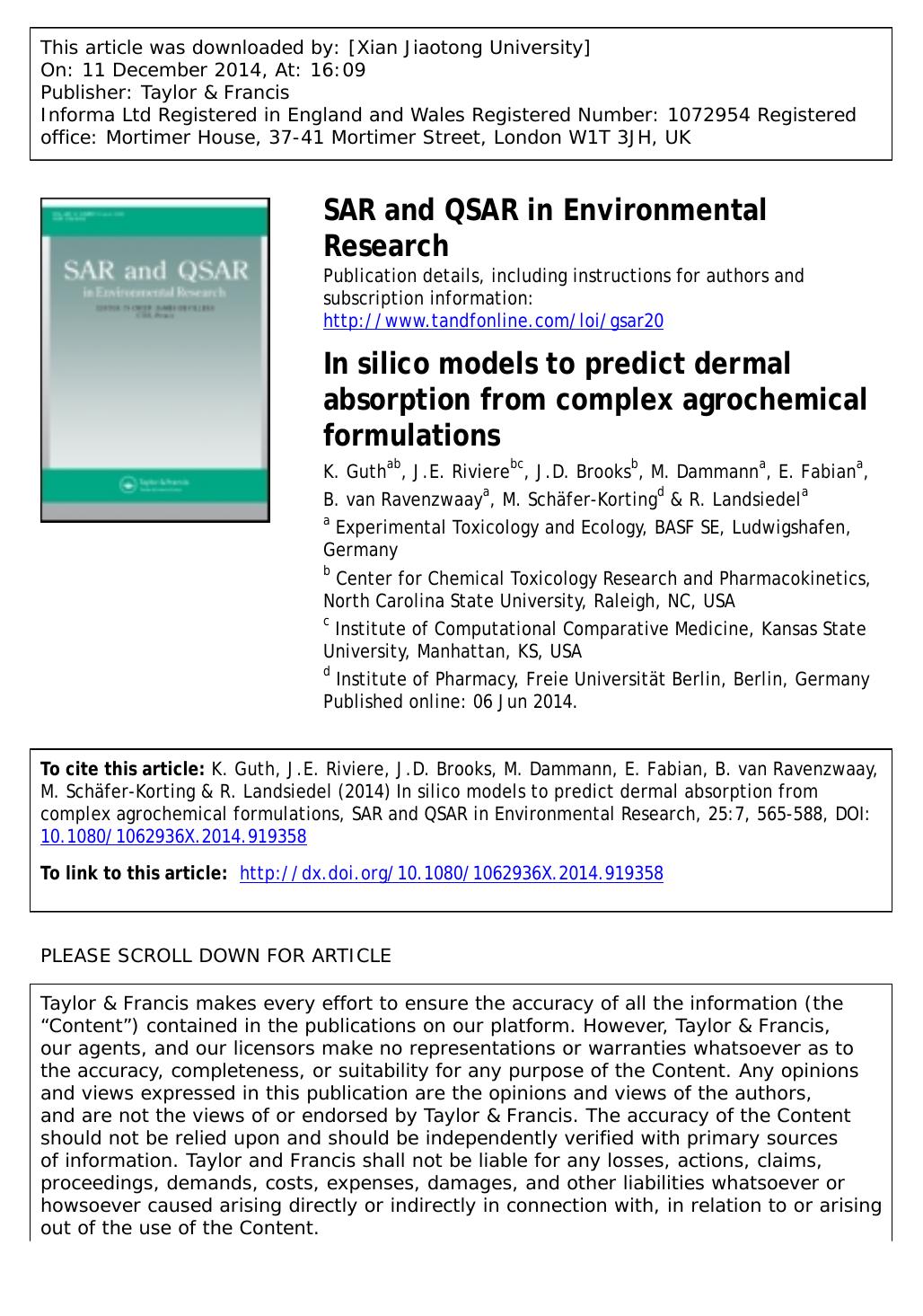 In silico models to predict dermal absorption from complex agrochemical formulations by K. Guth