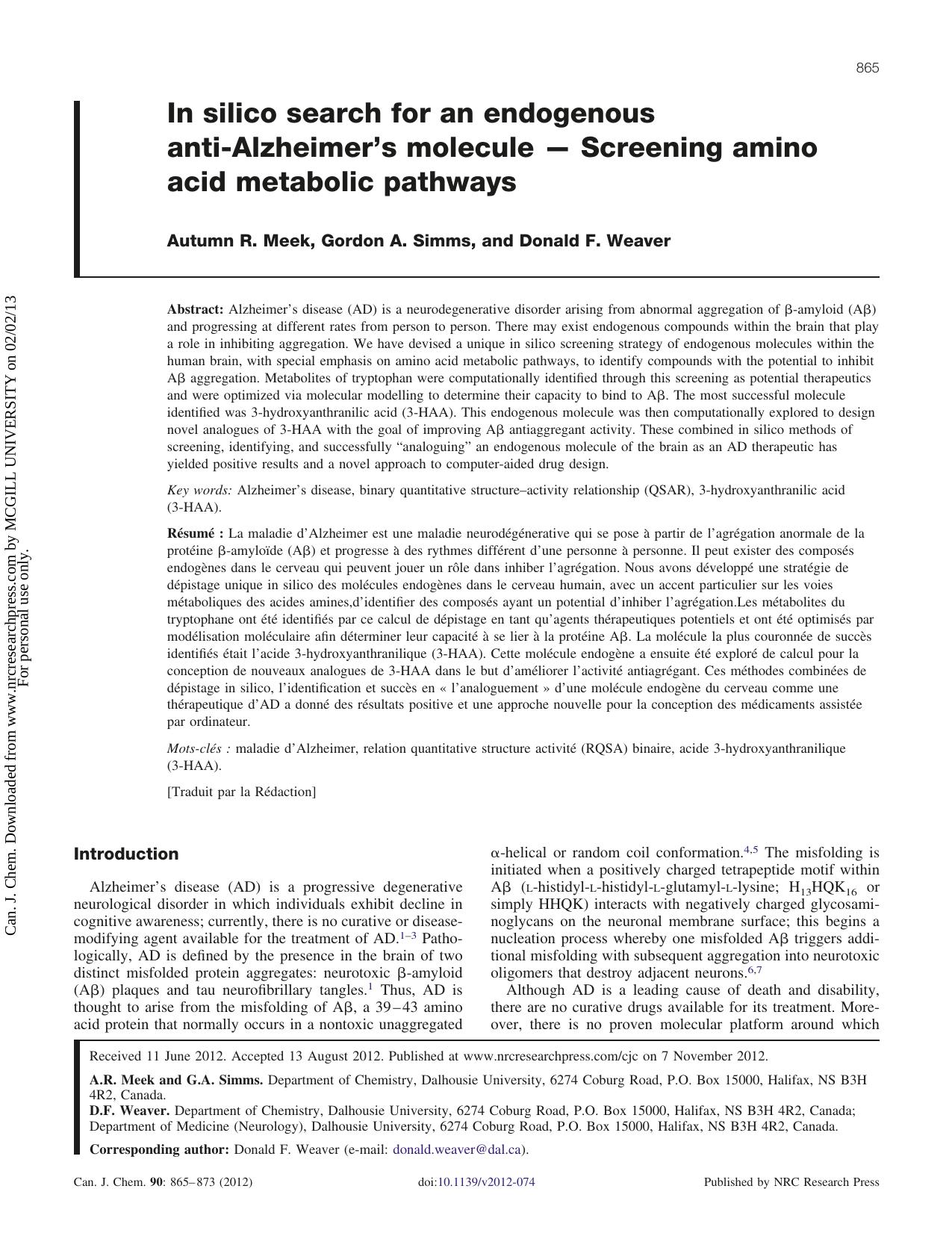 In silico search for an endogenous anti-Alzheimer’s molecule — Screening amino acid metabolic pathways by Autumn R. Meek Gordon A. Simms Donald F. Weaver