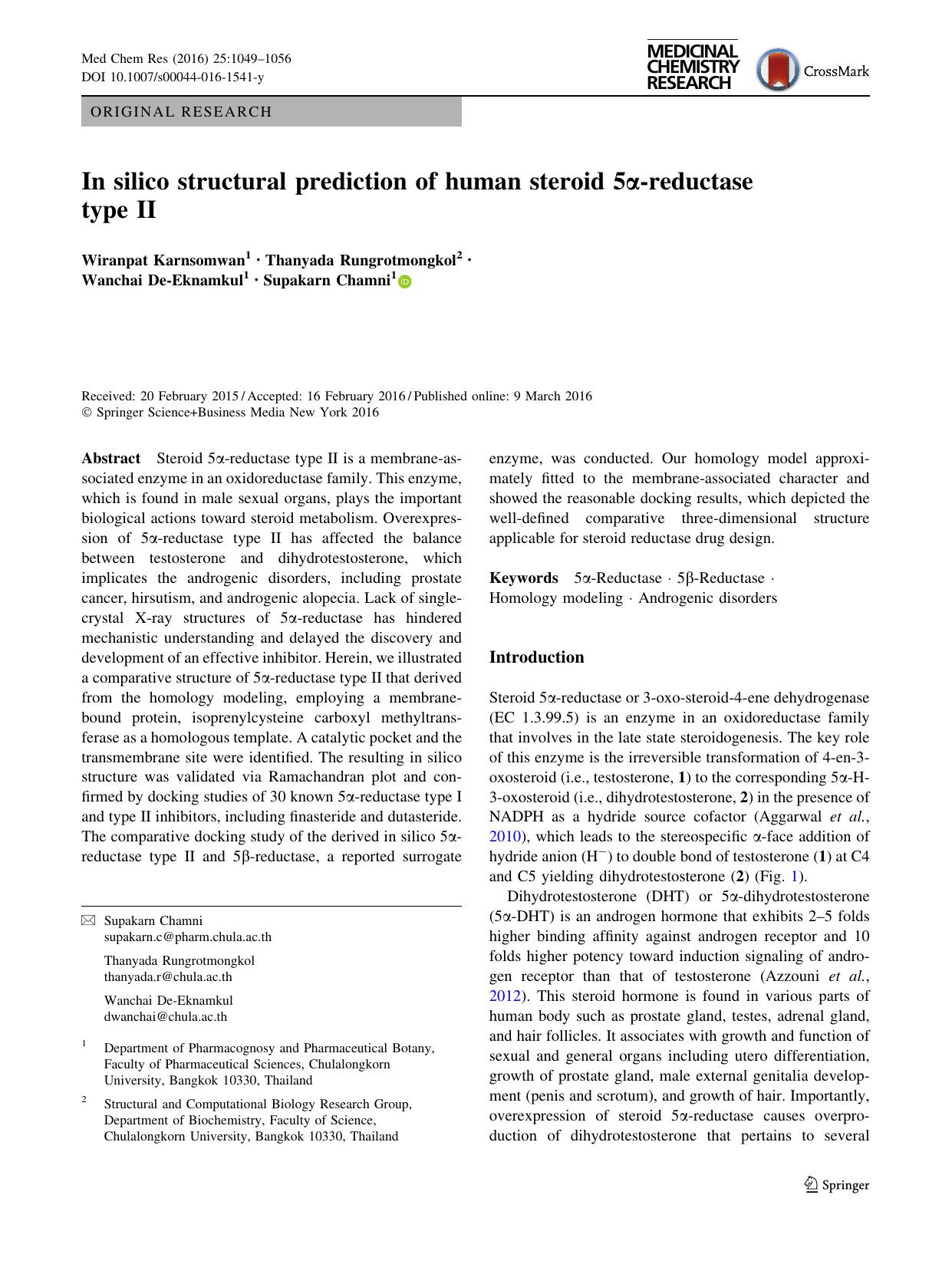 In silico structural prediction of human steroid 5Î±-reductase type II by Wiranpat Karnsomwan & Thanyada Rungrotmongkol & Wanchai De-Eknamkul & Supakarn Chamni