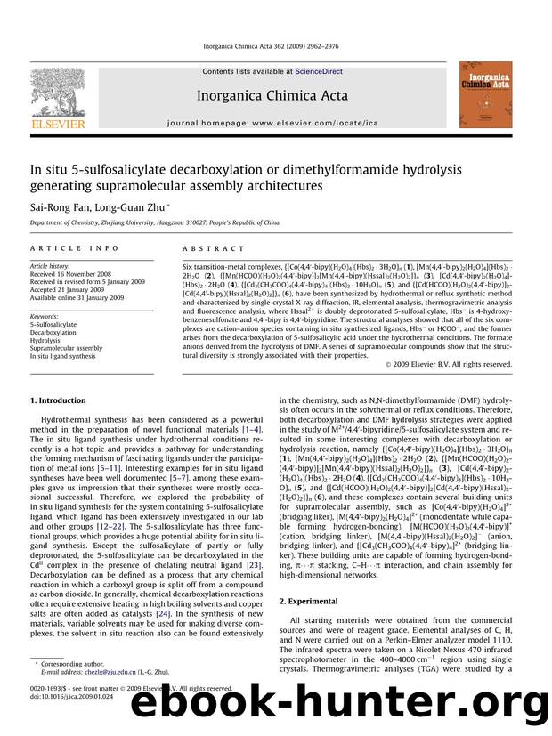 In situ 5-sulfosalicylate decarboxylation or dimethylformamide hydrolysis generating supramolecular assembly architectures by Sai-Rong Fan; Long-Guan Zhu