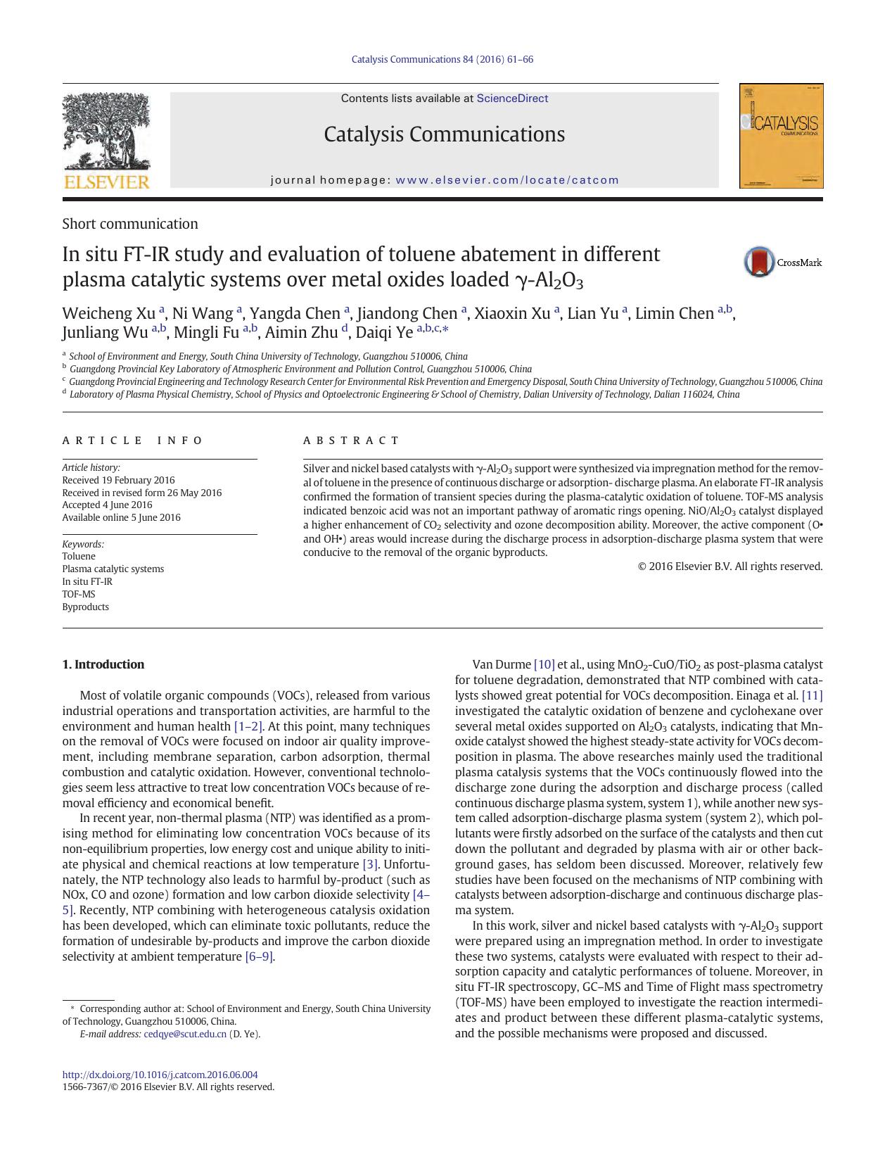 In situ FT-IR study and evaluation of toluene abatement in different plasma catalytic systems over metal oxides loaded Î³-Al2O3 by unknow