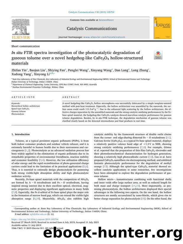 In situ FTIR spectra investigation of the photocatalytic degradation of gaseous toluene over a novel hedgehog-like CaFe2O4 hollow-structured materials by Zhifan Yin