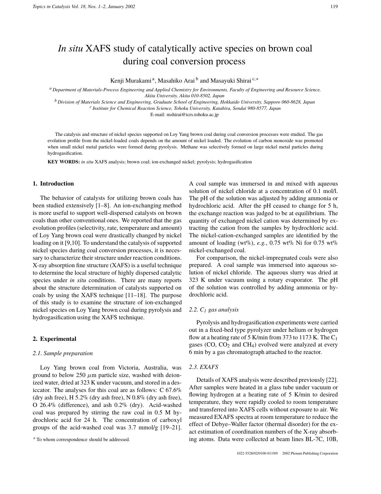 In situ XAFS Study of Catalytically Active Species on Brown Coal During Coal Conversion Process by Unknown