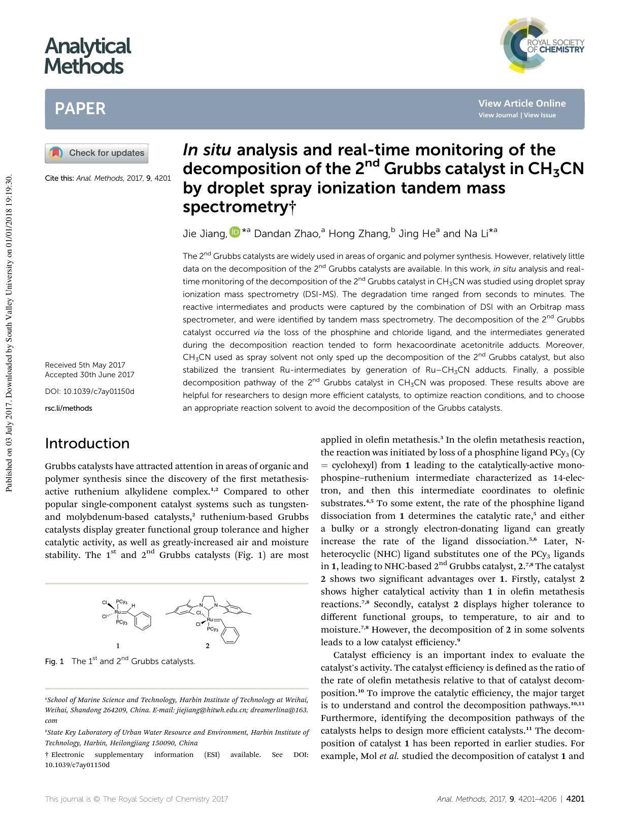 In situ analysis and real-time monitoring of the decomposition of the 2nd Grubbs catalyst in CH3CN by droplet spray ionization tandem mass spectrometry by Jie Jiang & Dandan Zhao & Hong Zhang & Jing He & Na Li