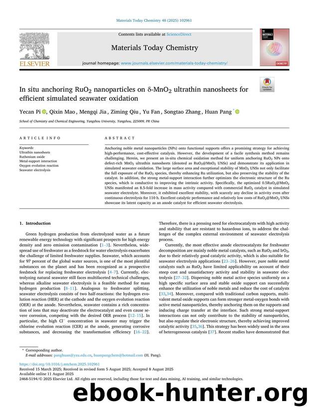 In situ anchoring RuO2 nanoparticles on Î´-MnO2 ultrathin nanosheets for efficient simulated seawater oxidation by Yecan Pi & Qixin Mao & Mengqi Jia & Ziming Qiu & Yu Fan & Songtao Zhang & Huan Pang