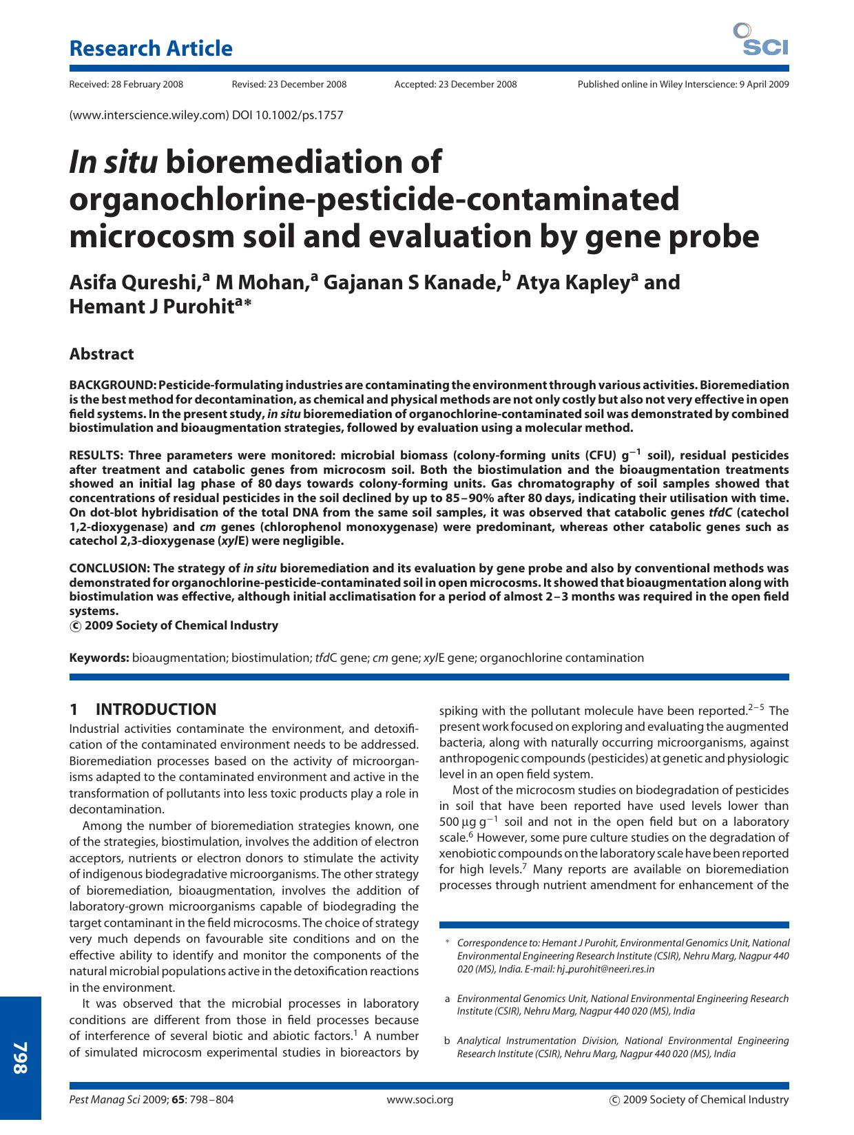 In situ bioremediation of organochlorine-pesticide-contaminated microcosm soil and evaluation by gene probe by Unknown