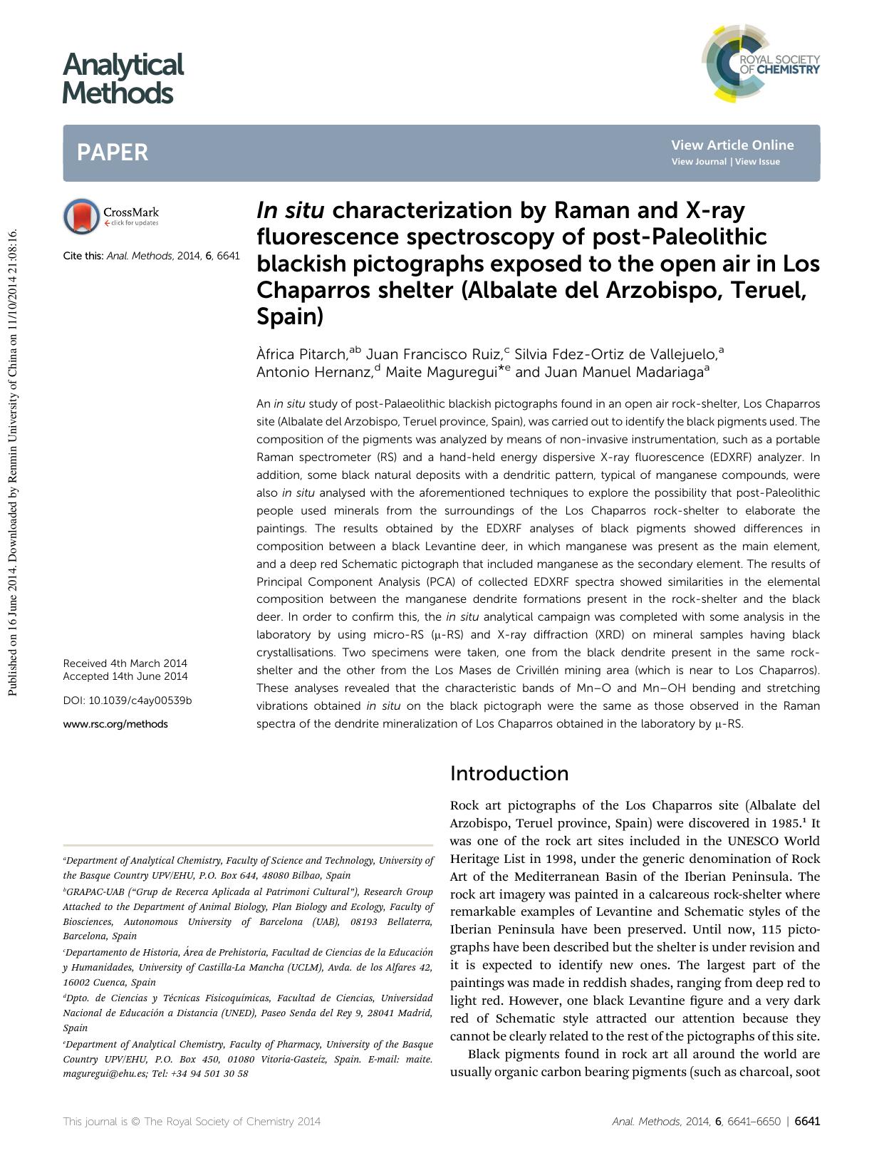 In situ characterization by Raman and X-ray fluorescence spectroscopy of post-Paleolithic blackish pictographs exposed to the open air in Los Chaparros shelter (Albalate del Arzobispo, Teruel, Spain) by unknow