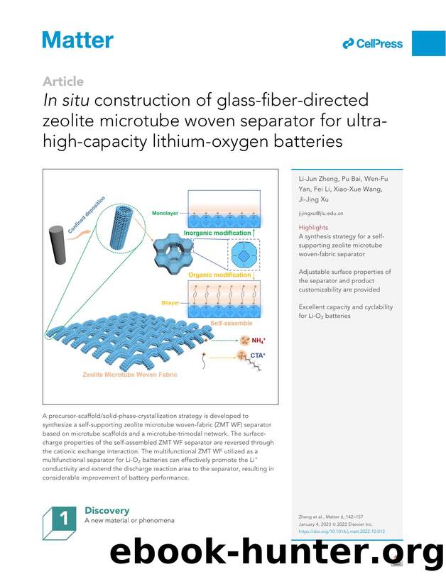 In situ construction of glass-fiber-directed zeolite microtube woven separator for ultra-high-capacity lithium-oxygen batteries by Li-Jun Zheng & Pu Bai & Wen-Fu Yan & Fei Li & Xiao-Xue Wang & Ji-Jing Xu