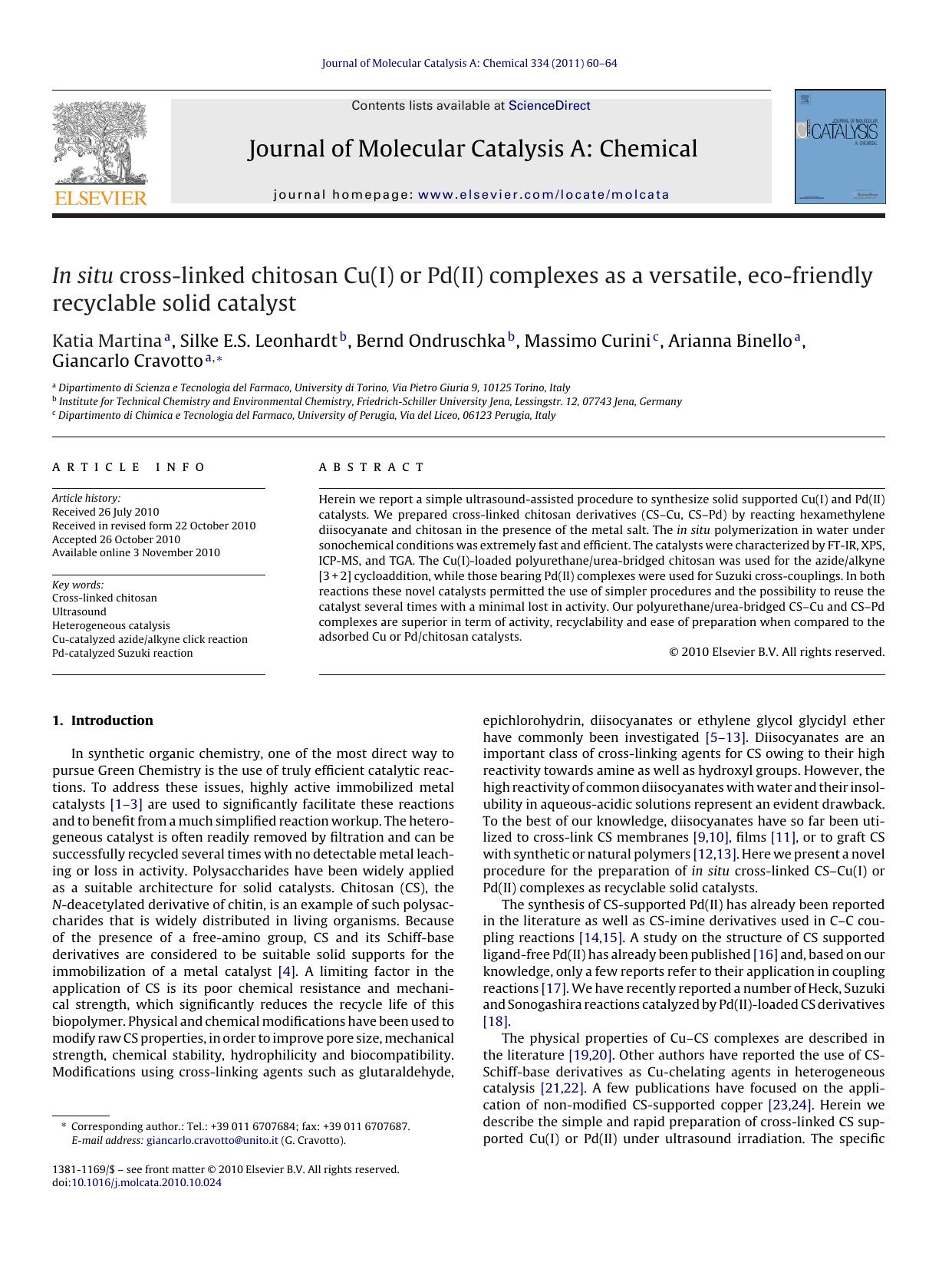 In situ cross-linked chitosan Cu(I) or Pd(II) complexes as a versatile, eco-friendly recyclable solid catalyst by Katia Martina
