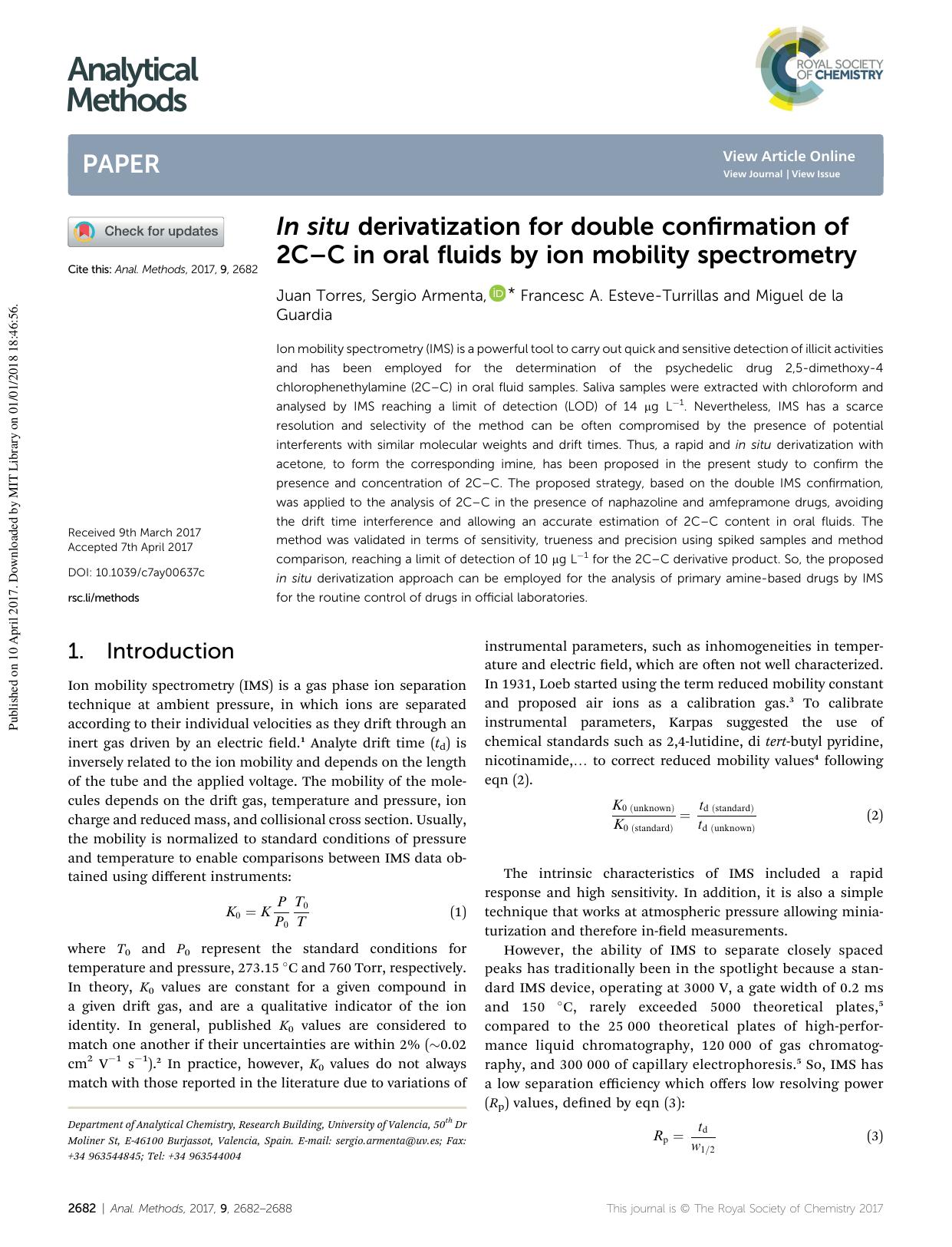 In situ derivatization for double confirmation of 2CâC in oral fluids by ion mobility spectrometry by Juan Torres & Sergio Armenta & Francesc A. Esteve-Turrillas & Miguel de la Guardia
