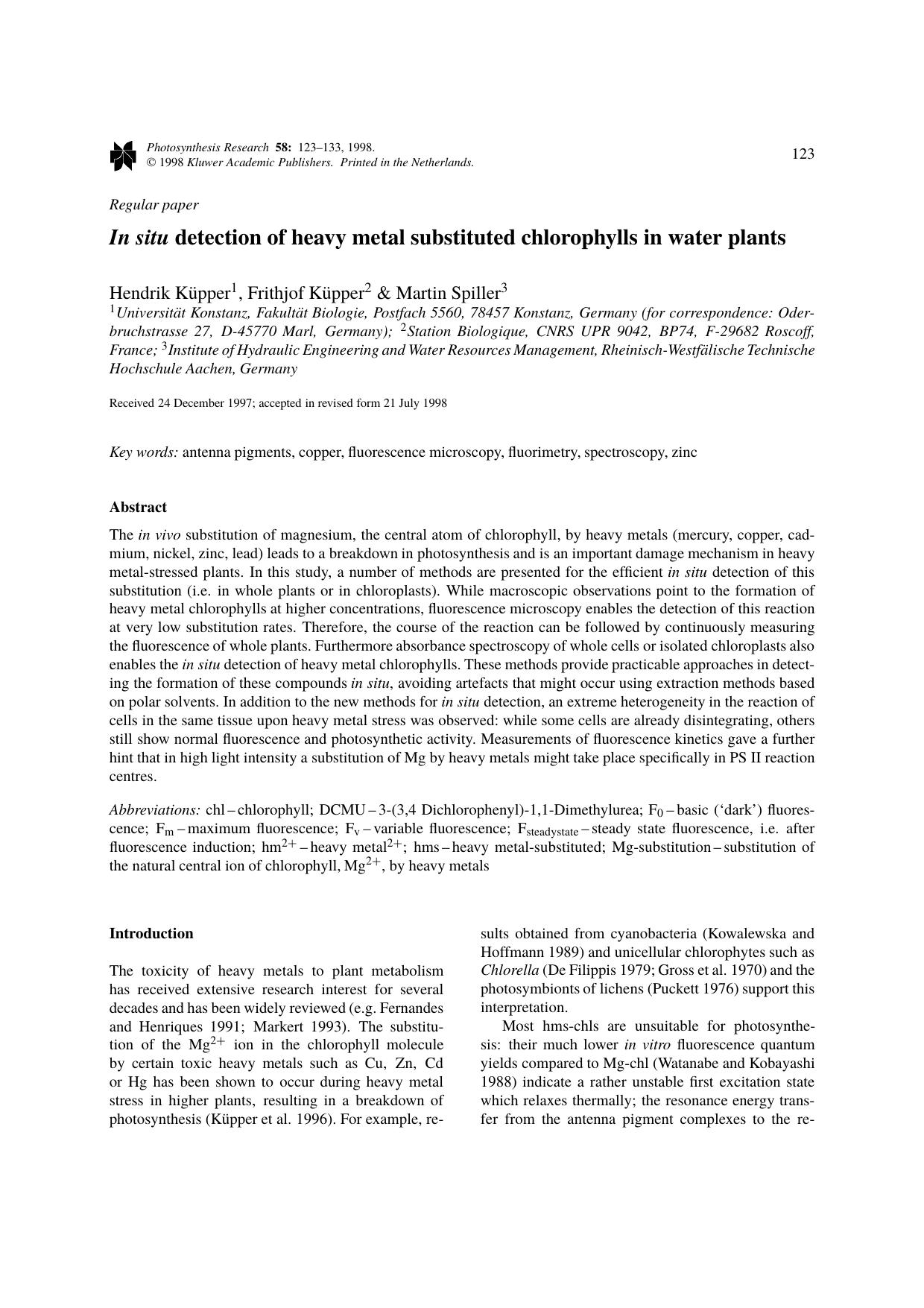 In situ detection of heavy metal substituted chlorophylls in water plants by Unknown