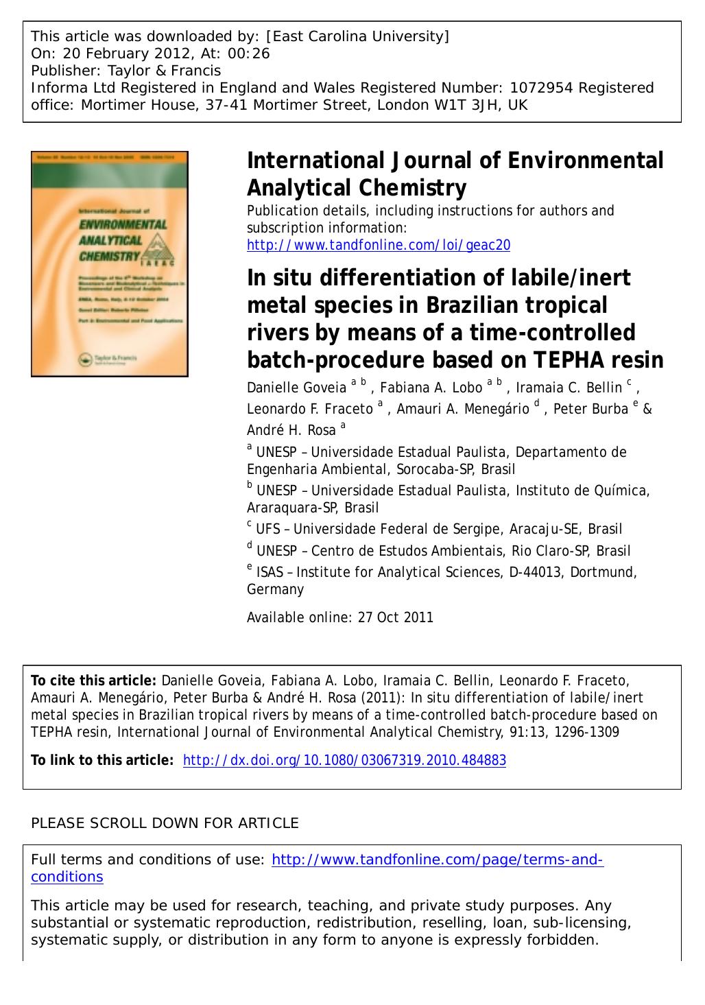 In situ differentiation of labileinert metal species in Brazilian tropical rivers by means of a time-controlled batch-procedure based on TEPHA resin by unknow