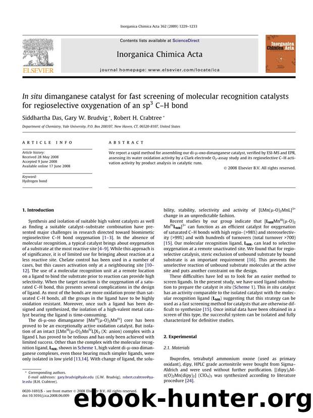 In situ dimanganese catalyst for fast screening of molecular recognition catalysts for regioselective oxygenation of an sp3 CâH bond by Siddhartha Das; Gary W. Brudvig; Robert H. Crabtree
