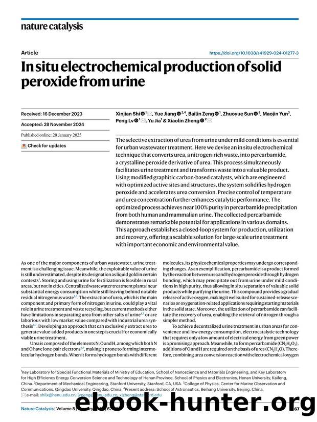 In situ electrochemical production of solid peroxide from urine by Xinjian Shi & Yue Jiang & Bailin Zeng & Zhuoyue Sun & Maojin Yun & Peng Lv & Yu Jia & Xiaolin Zheng