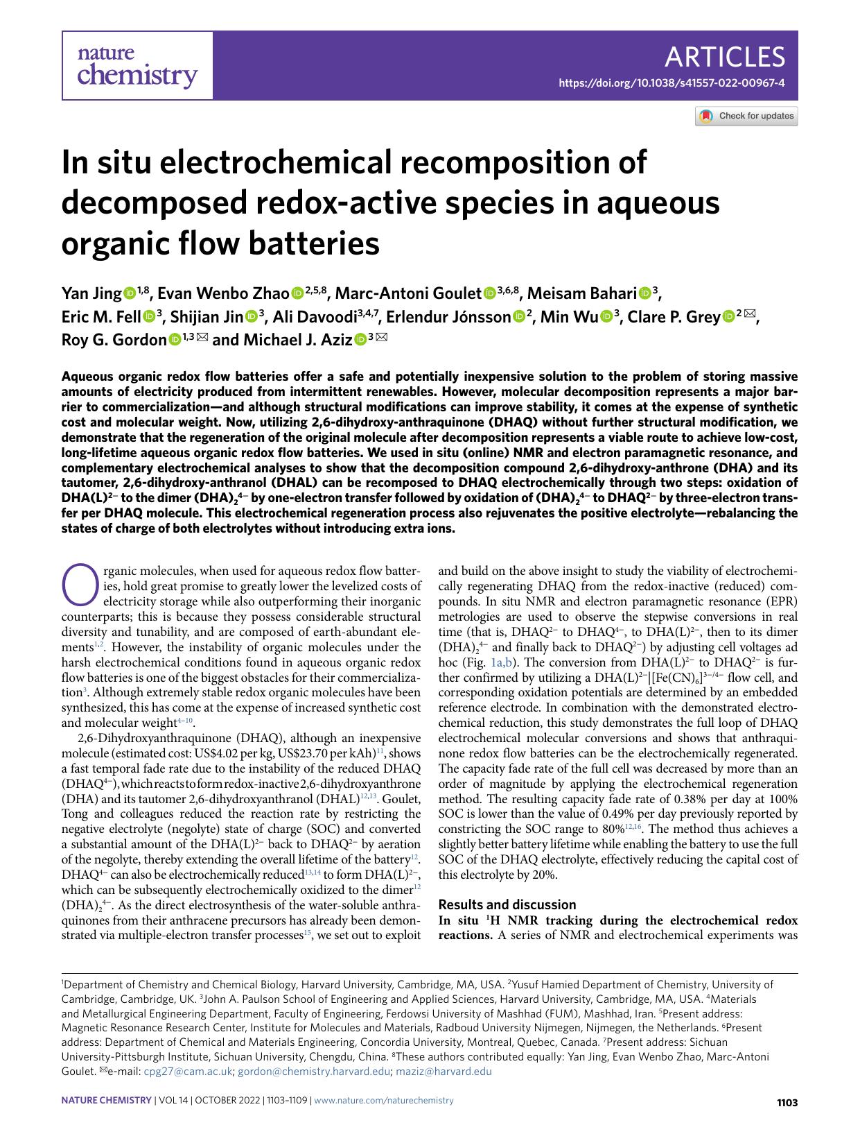 In situ electrochemical recomposition of decomposed redox-active species in aqueous organic flow batteries by unknow
