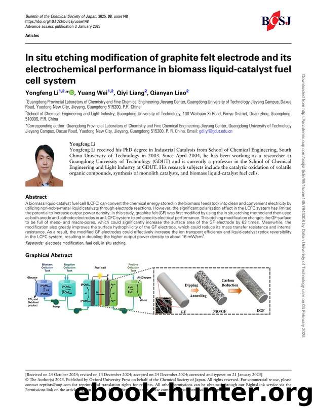 In situ etching modification of graphite felt electrode and its electrochemical performance in biomass liquid-catalyst fuel cell system by Yongfeng Li & Yuang Wei & Qiyi Liang & Qianyan Liao